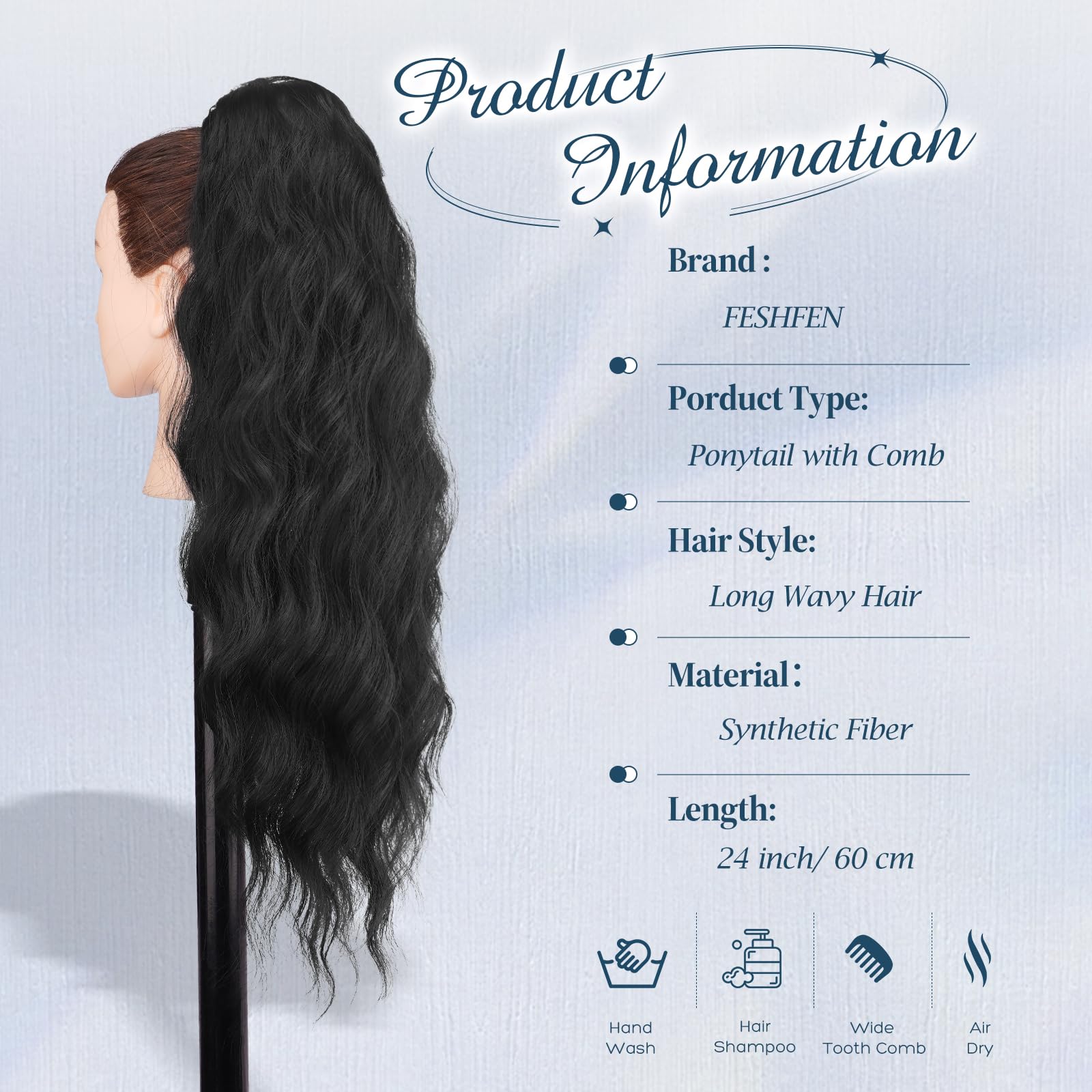FESHFEN Postiche Queue de Cheval Noir Ondulé Longues, Extension Ponytail Cheveux avec Peigne Ponytails Bouclé Naturel Cordon Synthétique Postiches pour Femmes, 60 cm