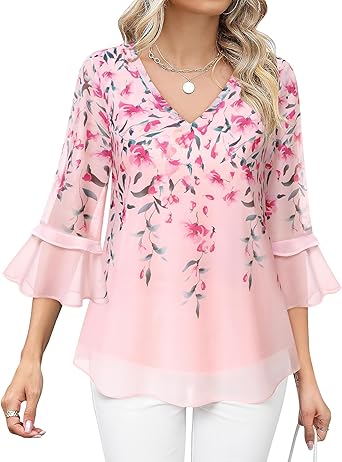 Bebonnie Womens Dressy Casual Tops Ruffle 3/4 Sleeve V Neck Floral Chiffon Blouses