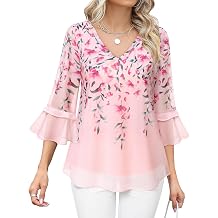 Bebonnie Womens Dressy Casual Tops Ruffle 3/4 Sleeve V Neck Floral Chiffon Blouses
