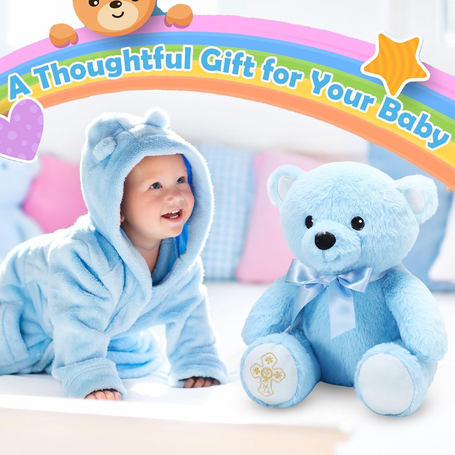 Syhood 12 Inch Baptism Gift Plush Bear Cute Soft Stuffed Animal Bear with Bow and Embroidered Catholic Prayer Christening Gifts for Boy Girl Baptisms Baby Showers Birthday Party Keepsake Favor(Blue)
