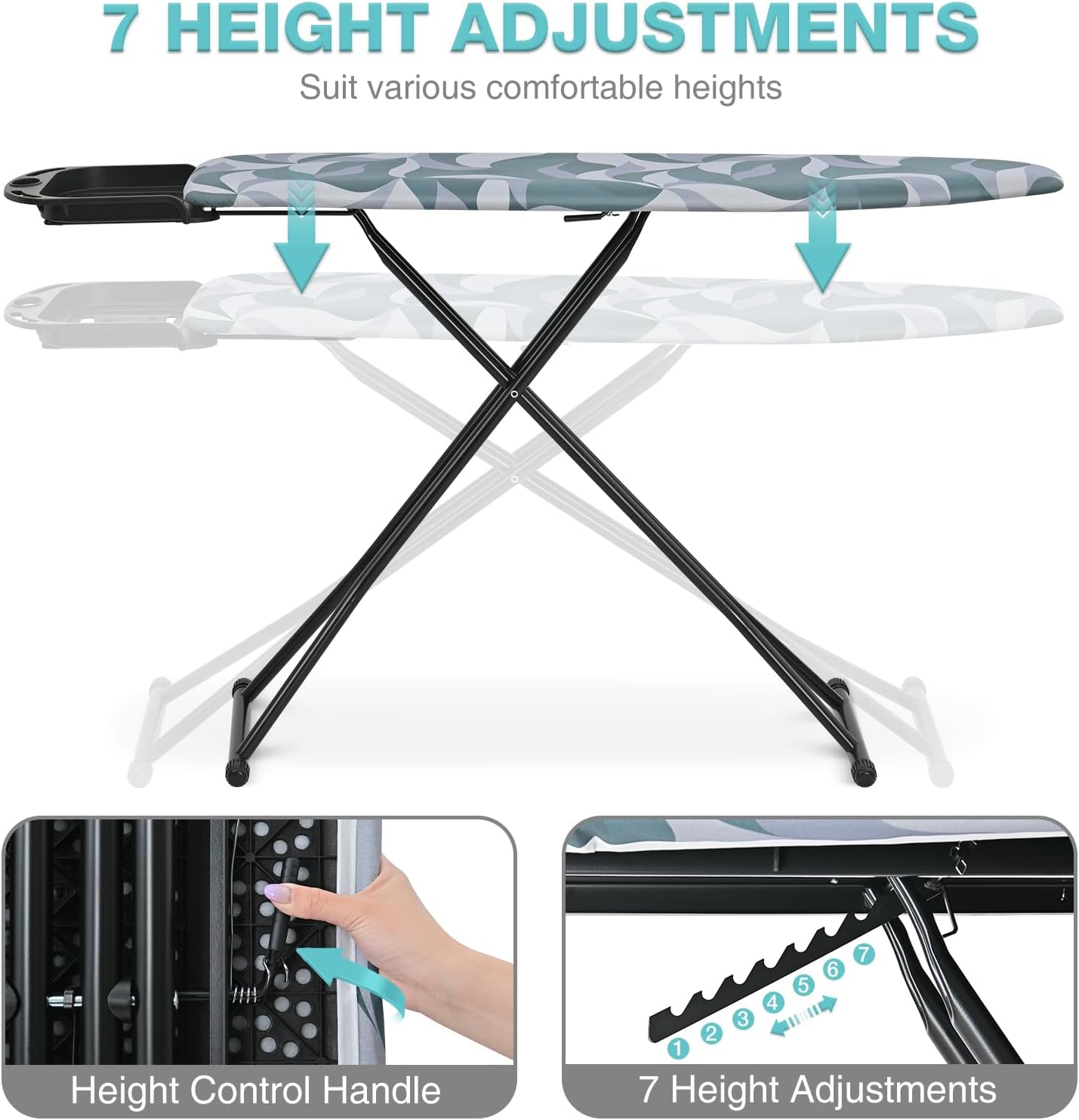 APEXCHASER Foldable Ironing Board Full Size, Iron Board with Heat Resistant Cover, Iron and Ironing Boards Set with 7-Lever Height Adjustable, Iron Table Stand with Non-Slip Metal Legs 14x54,Blue