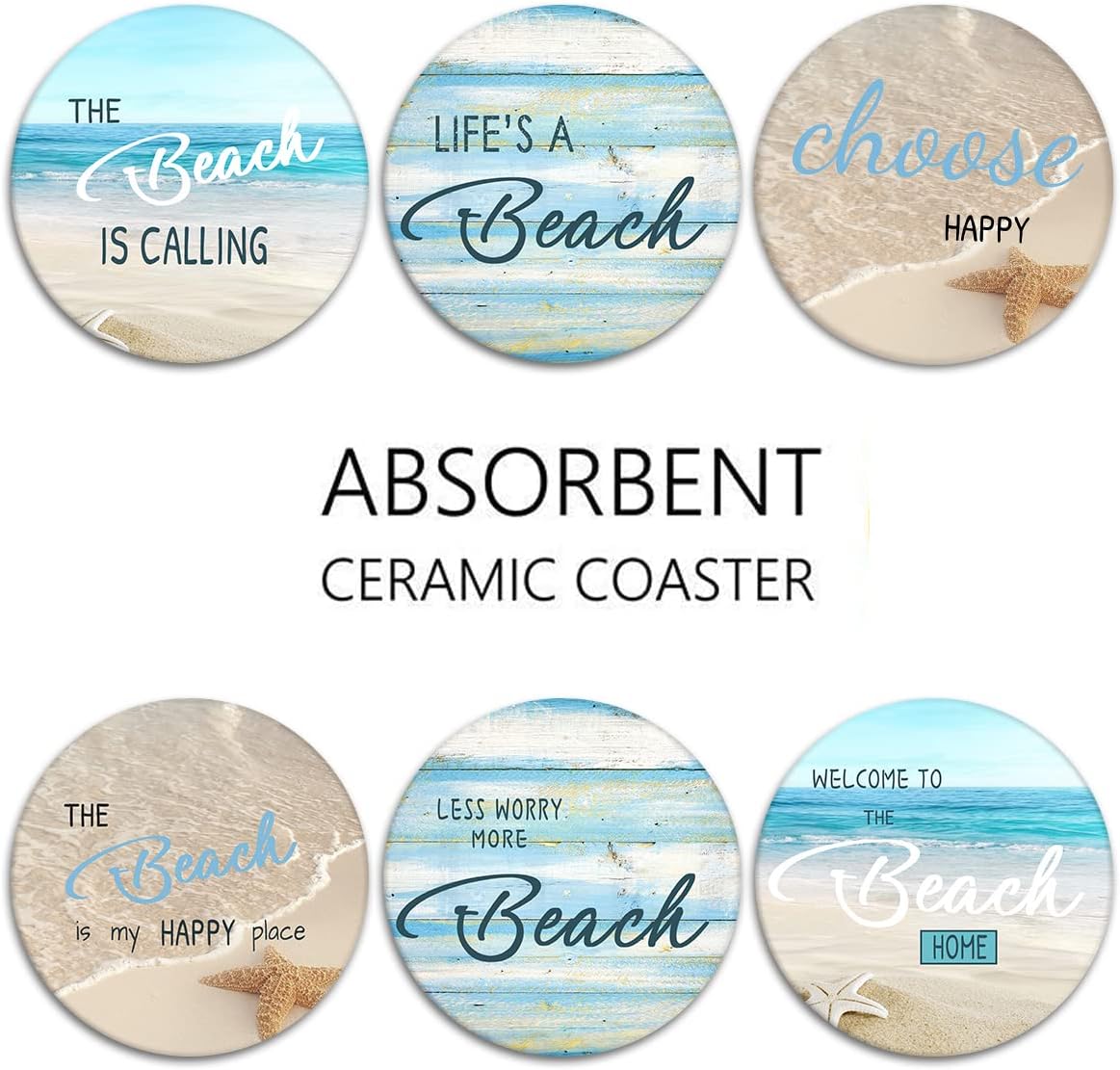 Britimes Coaster for Drinks Set of 6, Beach Shell Antique Teal Blue Table Absorbent Round Ceramic Stone Mat, with Cork Base and Metal Holder, Gift for Housewarming Room Bar Decor - Image 6