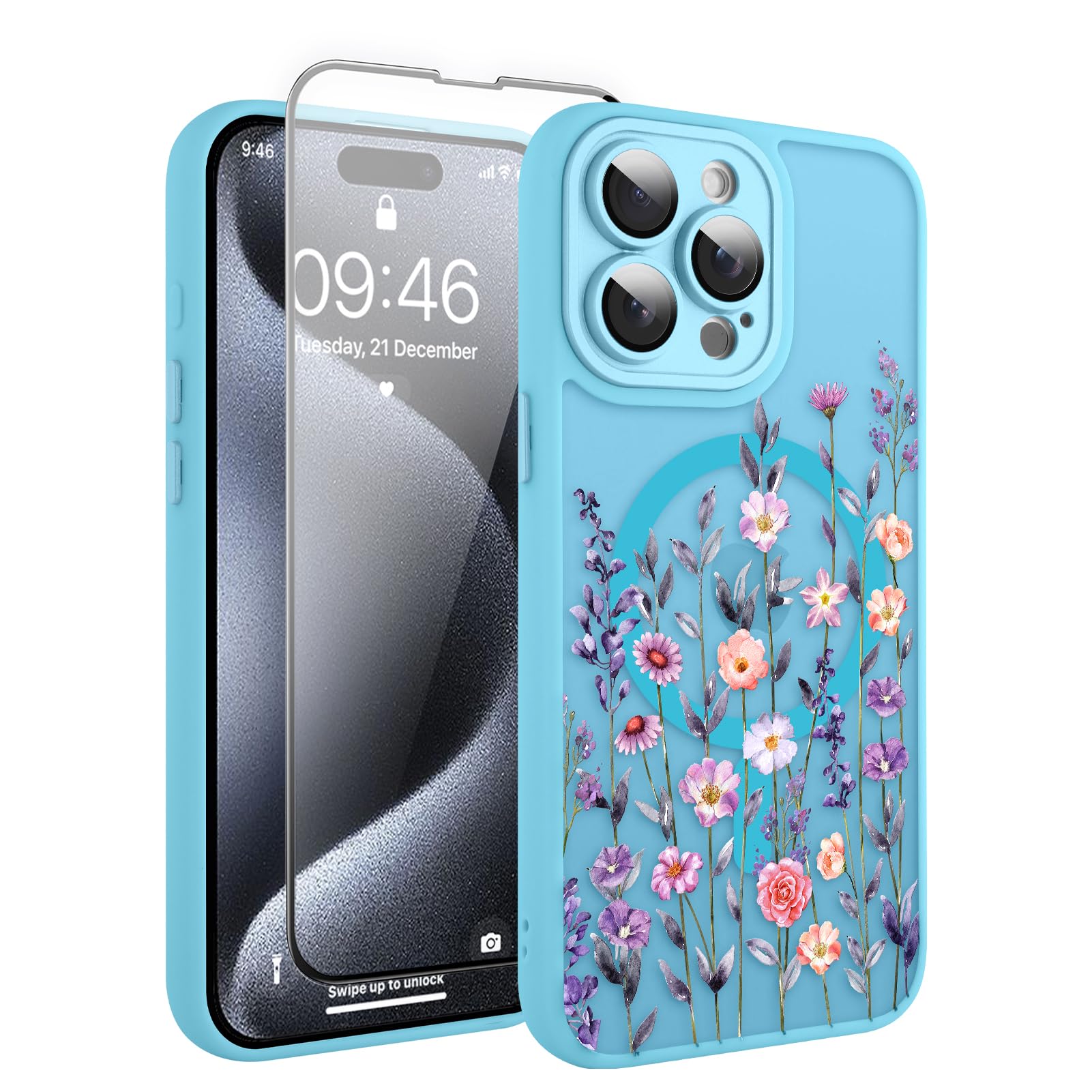 Fsoole Magnetic for iPhone 15 Pro Case with Screen Protector [Compatible with MagSafe] Pretty Flower Floral Pattern Design, Shockproof Slim Cover for