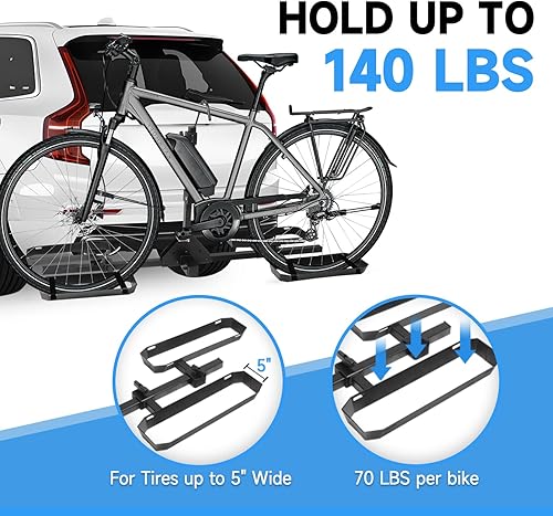 Miniatura 3 de Soporte de enganche para 2 bicicletas, plataforma de 140 libras de capacidad con correa, inclinación inteligente y diseño plegable, se adapta a