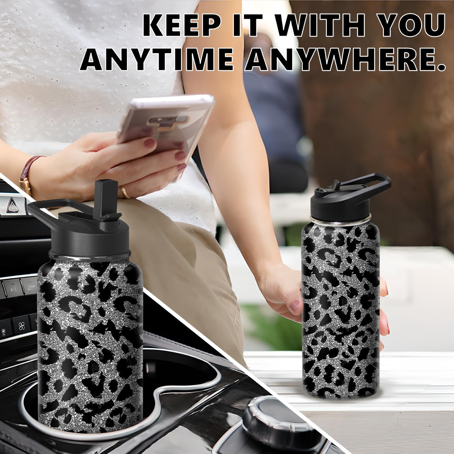 18oz Leopard Water Bottle with Handle and Flip Straw, Sports Stainless Steel Insulated Cup Travel Coffee Mug Tumbler, Birthday Mothers Day Chritmas Gifts for Women - Image 6