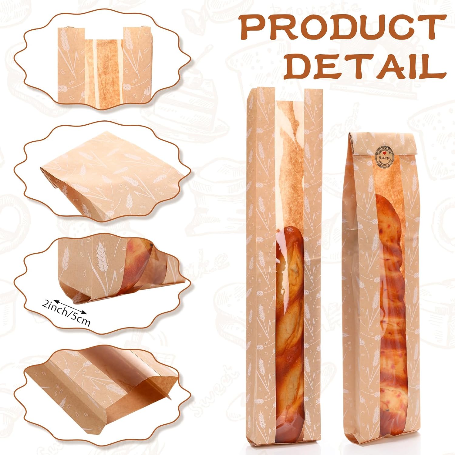 Reallnaive 120 Pcs French Bread Bags Bulk with Window Baguette Bags for Homemade 24 x 4.5 x 2 Inch Kraft Loaf Storage Sacks Long French Biscuits Packaging Supplies(Brown White)