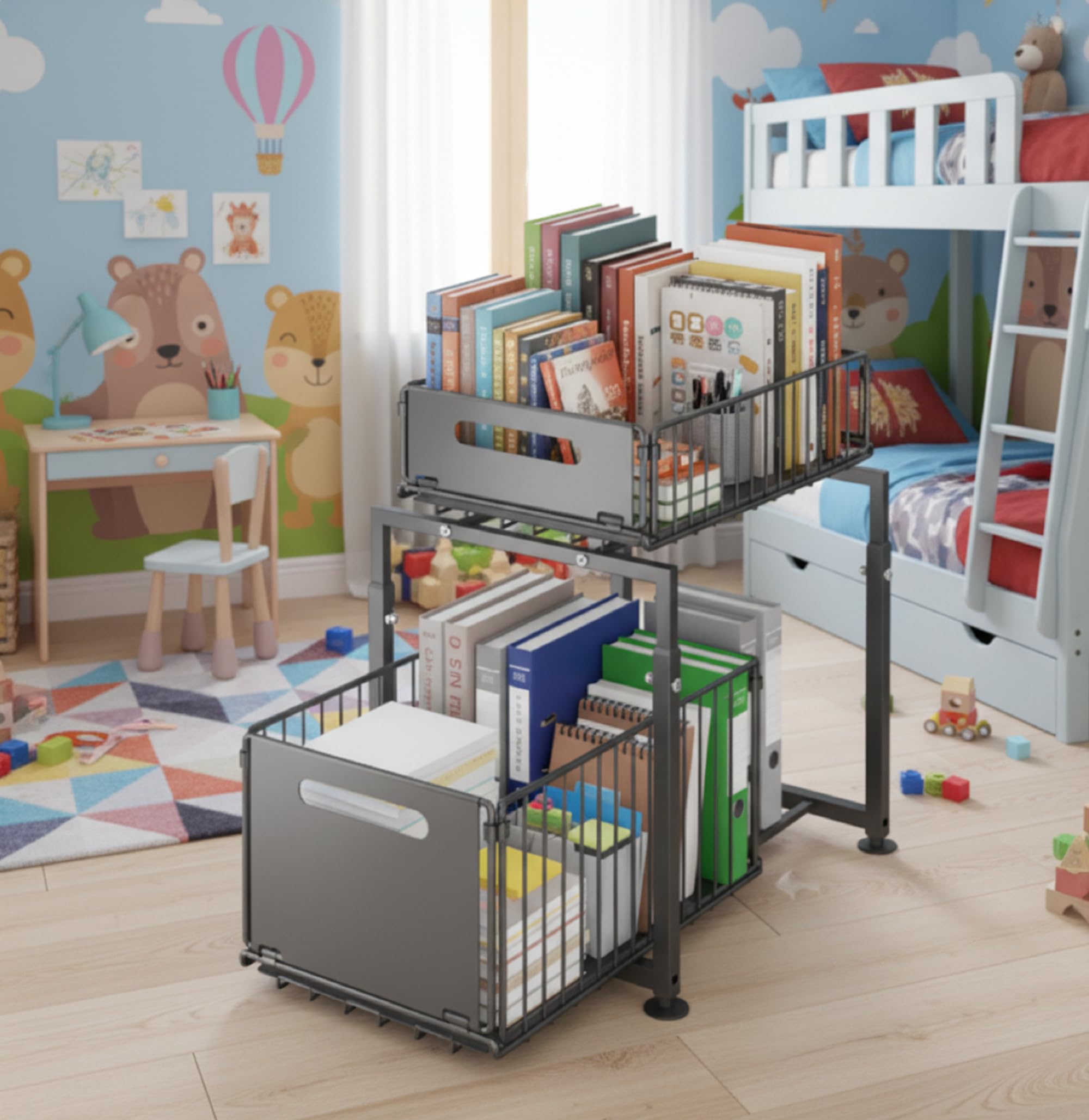 Estantería de Cocina, Organizador de Oficina, de pie, Organizador de Cocina, Archivador Oficina - Almacenaje Cocina - Estantería con Dos Cestas Extensibles- Negro con Dos Niveles.