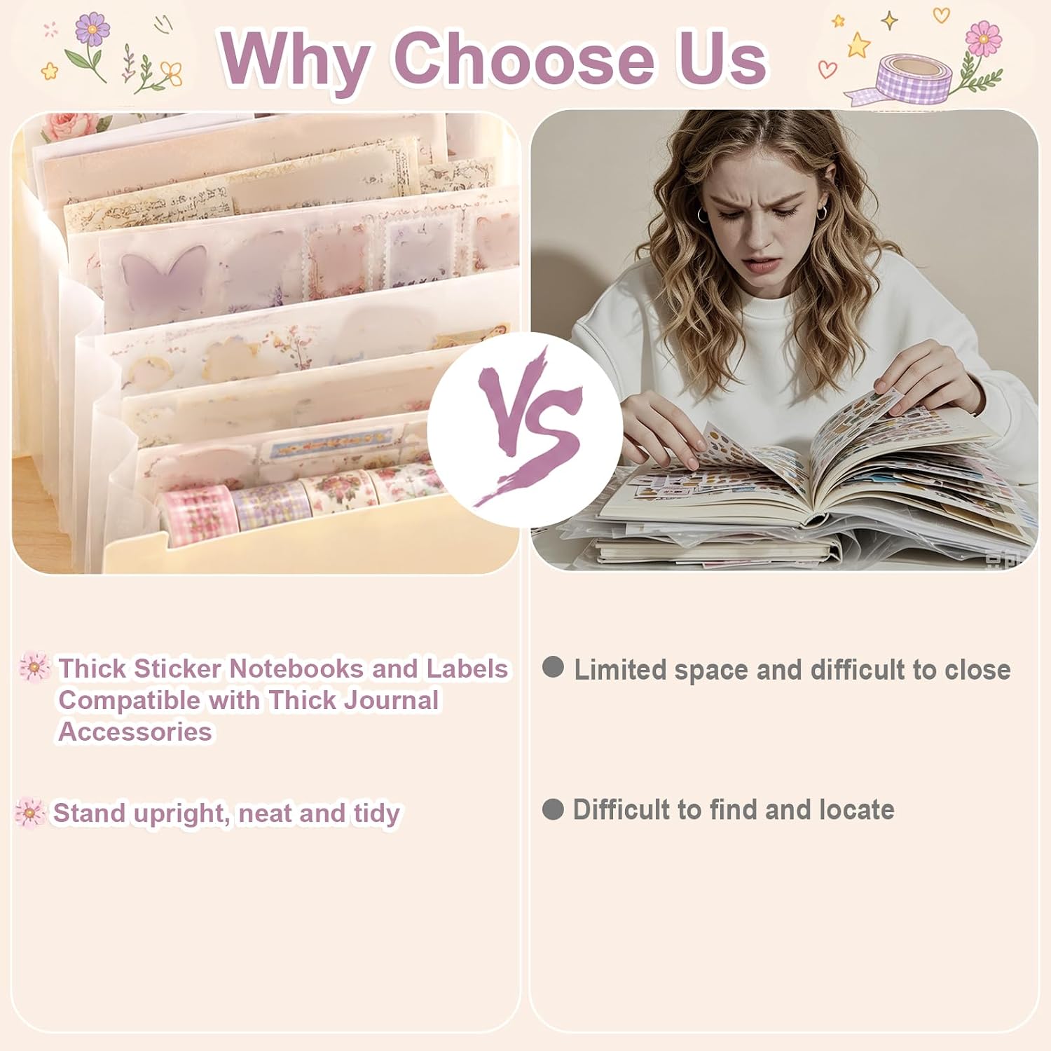 Penitue Multi-Layer Sticker Binder with 7 Expandable Pockets, Large Capacity Sticker Organizer Storage Binder with Labels for Album Washi Tape Scrapbook Essentials & Journal Organizer (Beige)