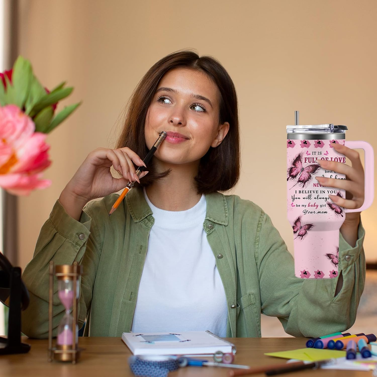 Daughter Gifts From Mom - To My Daughter - Pink Butterfly Stainless Steel Tumbler 40oz - Gifts For Girl Her From Mother Coffee Mug on Graduation, Mothers Day, Birthday - Image 4