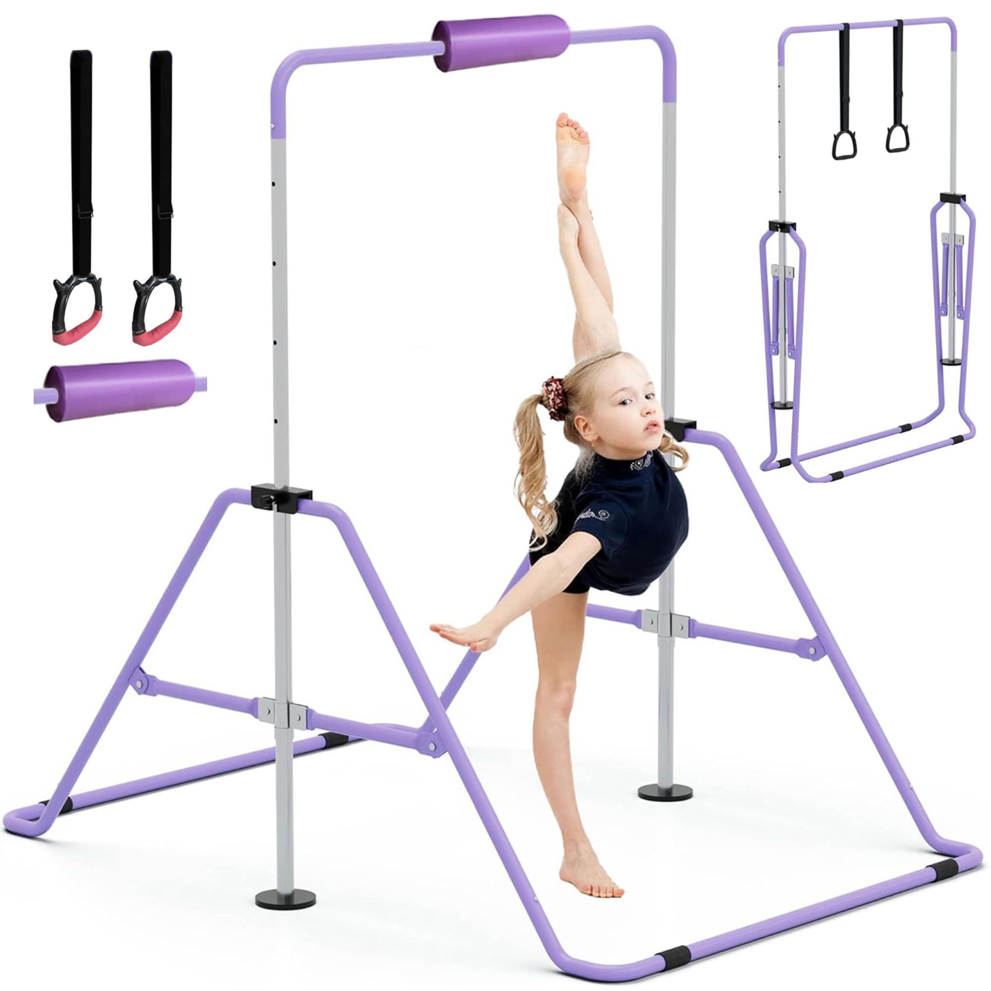 Gymnastics Bars with Bar Pad, Junior Training Kip Bar Gymnastics Equipment for Home Garden, Adjustable Height Gymnastic Folding Horizontal Bar with Gymnastic Rings for Kid Boys Girls