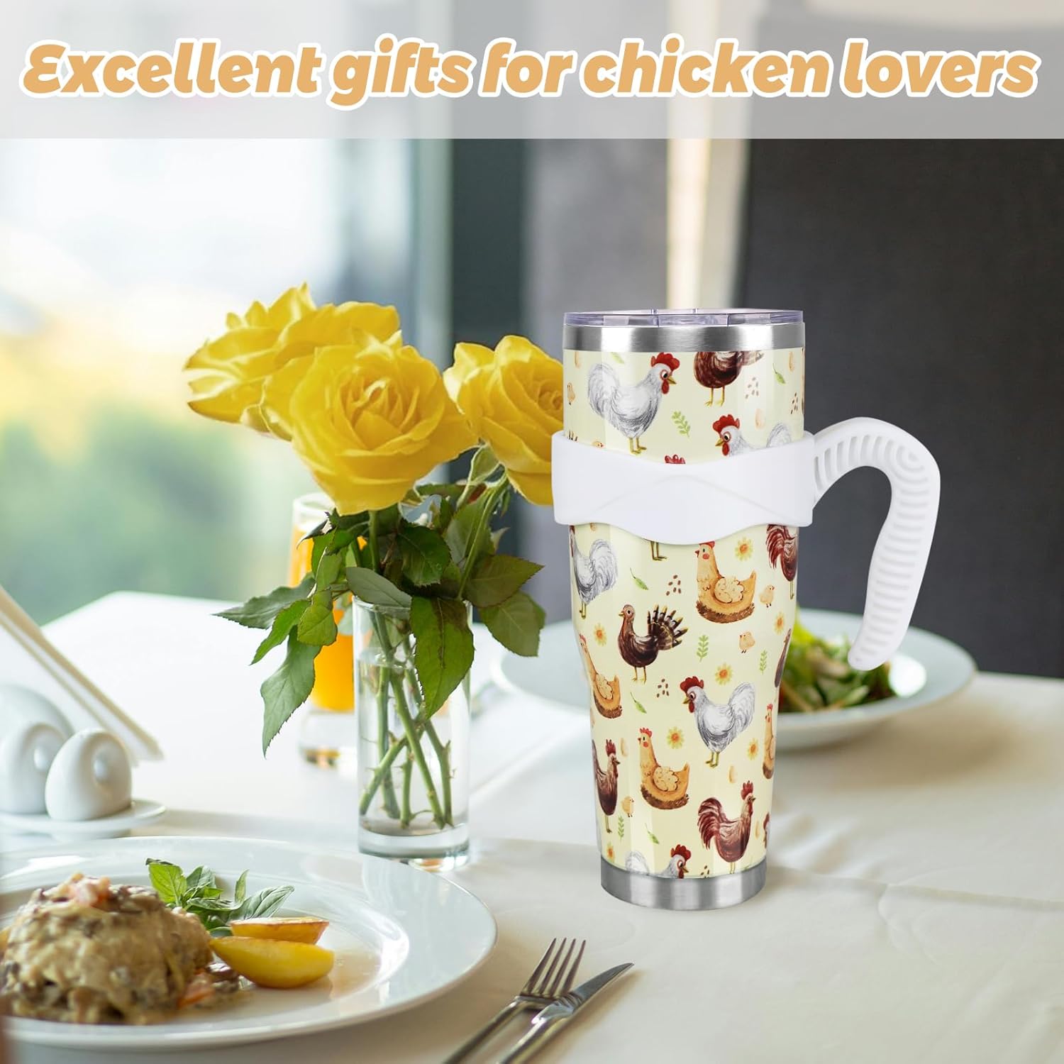 Chicken 40oz Tumbler with Handle and Straw, Rooster Hen Cup Coffee Mug Stainless Steel Insulated Water Bottle, Yellow Chicken Gifts for Chicken Lovers Women Birthday Christmas