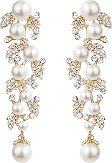 EVER FAITH Women's Austrian Crystal Simulated Pearl Bridal Leaf Dangle Earrings