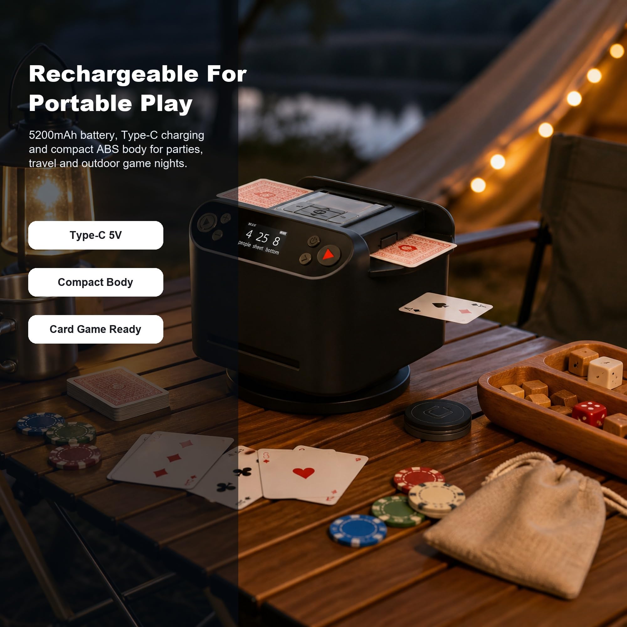 Mescolatore e mazziere automatico di carte con rotazione di 360 gradi | Corpo in Abs, Poker e Giochi di Società, Mischia e Distribuisci, Display Oled, Batteria da 5200Mah