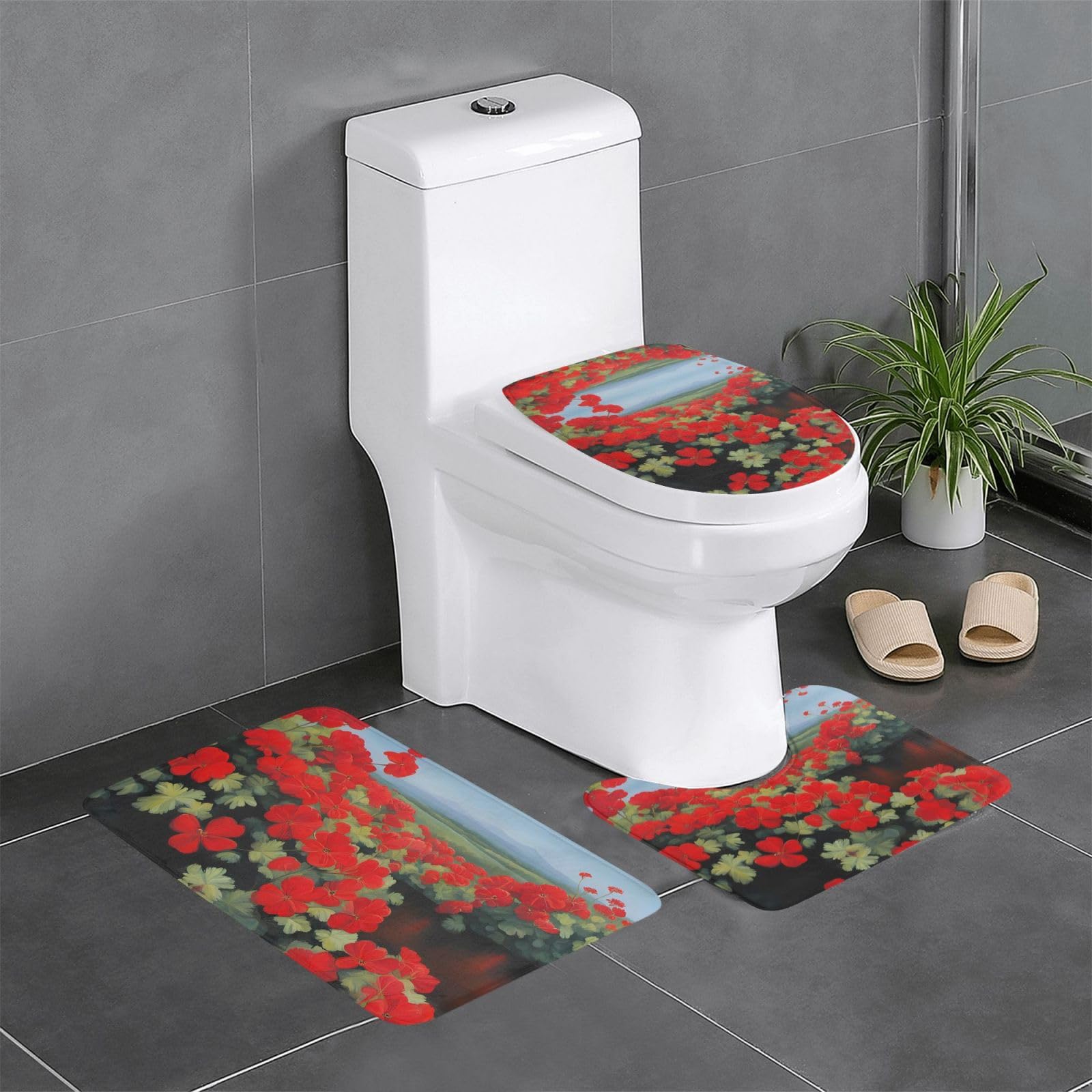 Tapis de salle de bain rectangulaire et ovale rouge pour contour de toilette