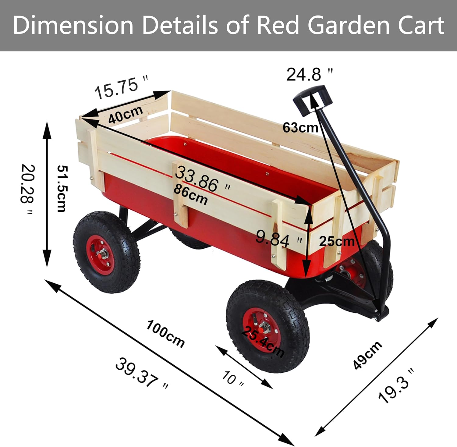 Classic Steel & Wood Utility Wagon for Family, Kids & Gardening, 10” All-Terrain Pneumatic Tires, 176 lb Capacity, Foldable Handle, Removable Wooden Sides (Red)