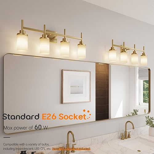 Miniatura 4 de Lámparas de pared de 4 luces sobre espejo, luces doradas de tocador con pantalla de vidrio esmerilado blanco, apliques de pared para baño, baño,