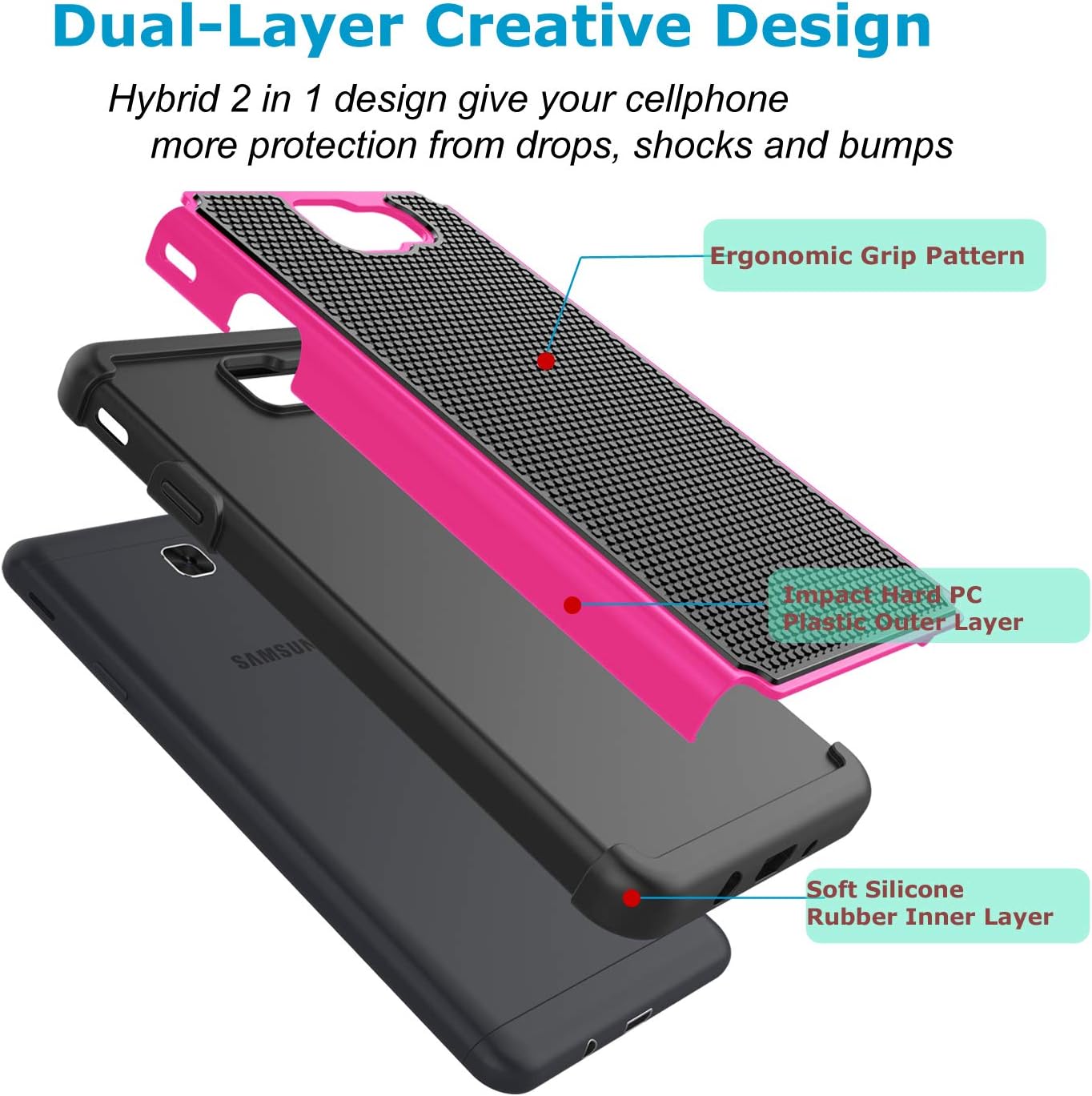 Takfox Galaxy J7 2017 Case, J7 Prime Case, J7 Sky Pro Case Protective Heavy Duty Shockproof Hard PC Back & Soft Silicone Dual Layer Armor Cover for Samsung Galaxy J7 2017/J7 Perx/J7V-Rose