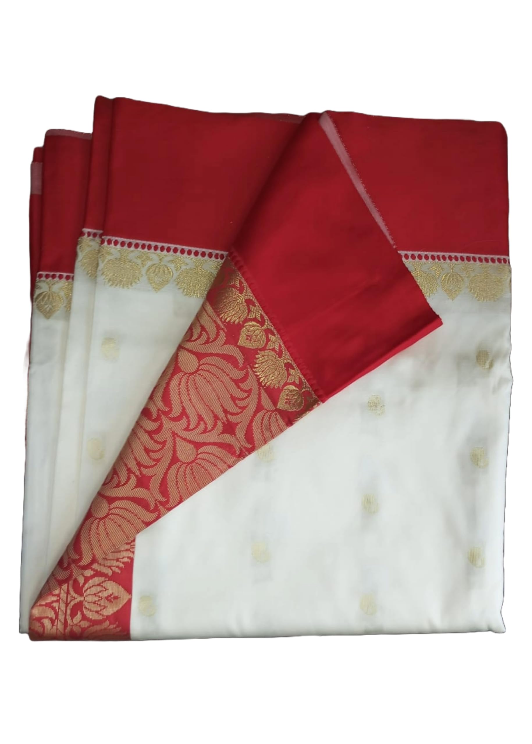 ETHNIC EMPORIUMEthnic Traditional Plain Cream Red Body Base Soft Silk Bengali Saree Zari Pallu Soft Handloom Party with Blouse (1)