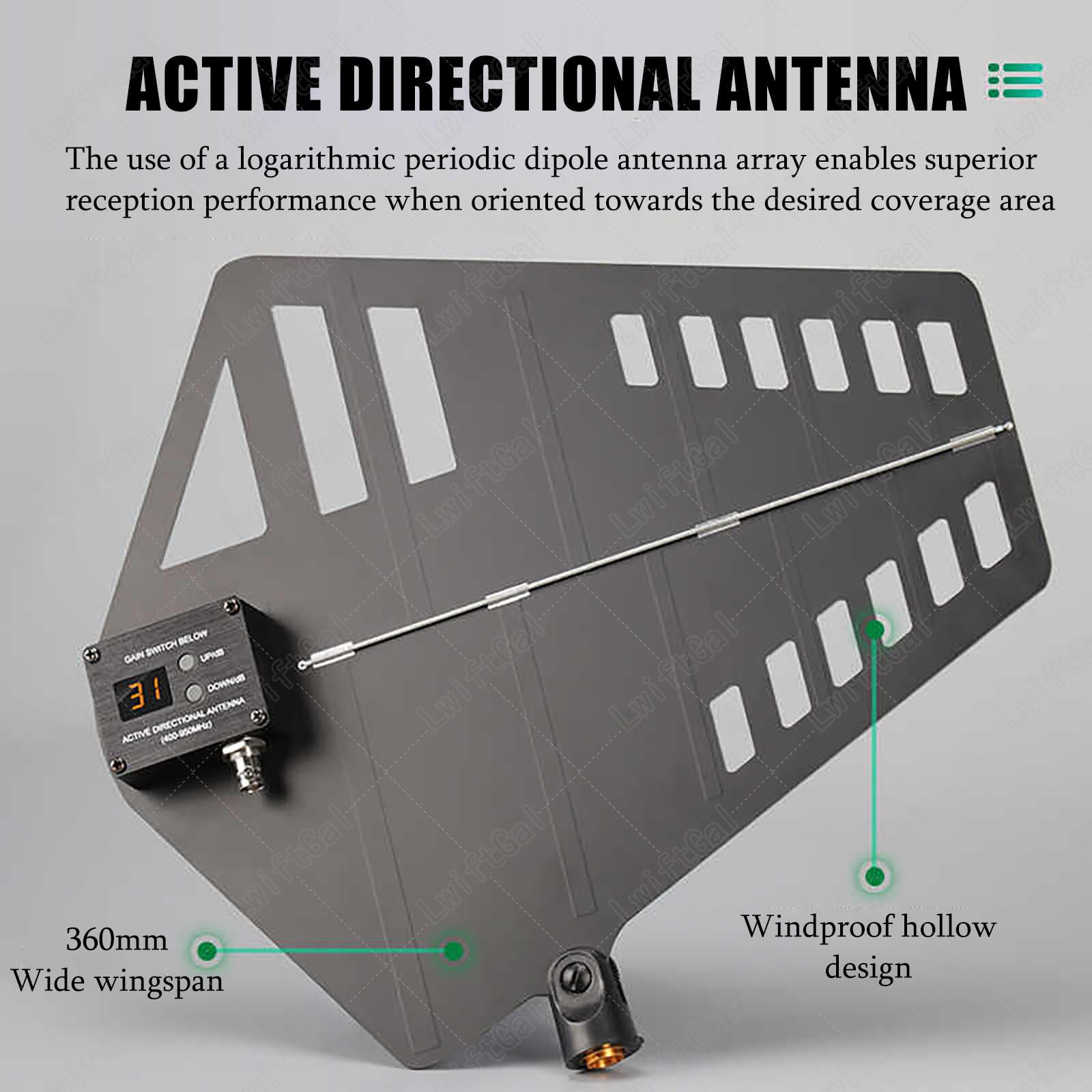 Amplificatore di segnale per microfono wireless, distribuzione antenna UHF, 16 porte di ingresso/uscita, gamma di frequenza 400-950 MHz, con 2 alette per antenna direzionale attiva