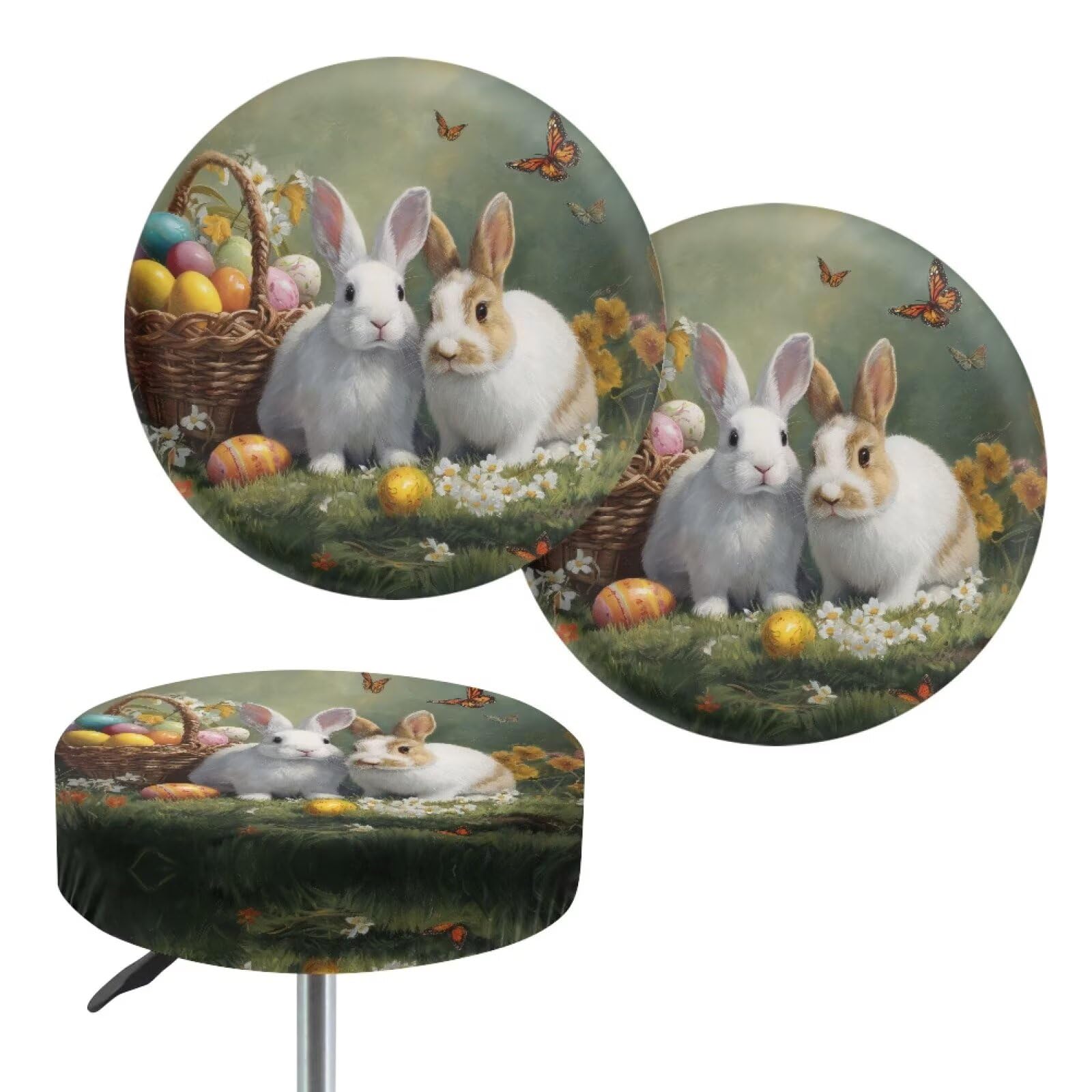 Wanyint 2 Pack Bar Stool Seat Covers Stretch Round Chair Covers for 13-15 Inch Fashion Vanity Seat Saddle Slipcovers for Bar Home Decor, Retro Bunny Egg Butterfly Flower โ image 1