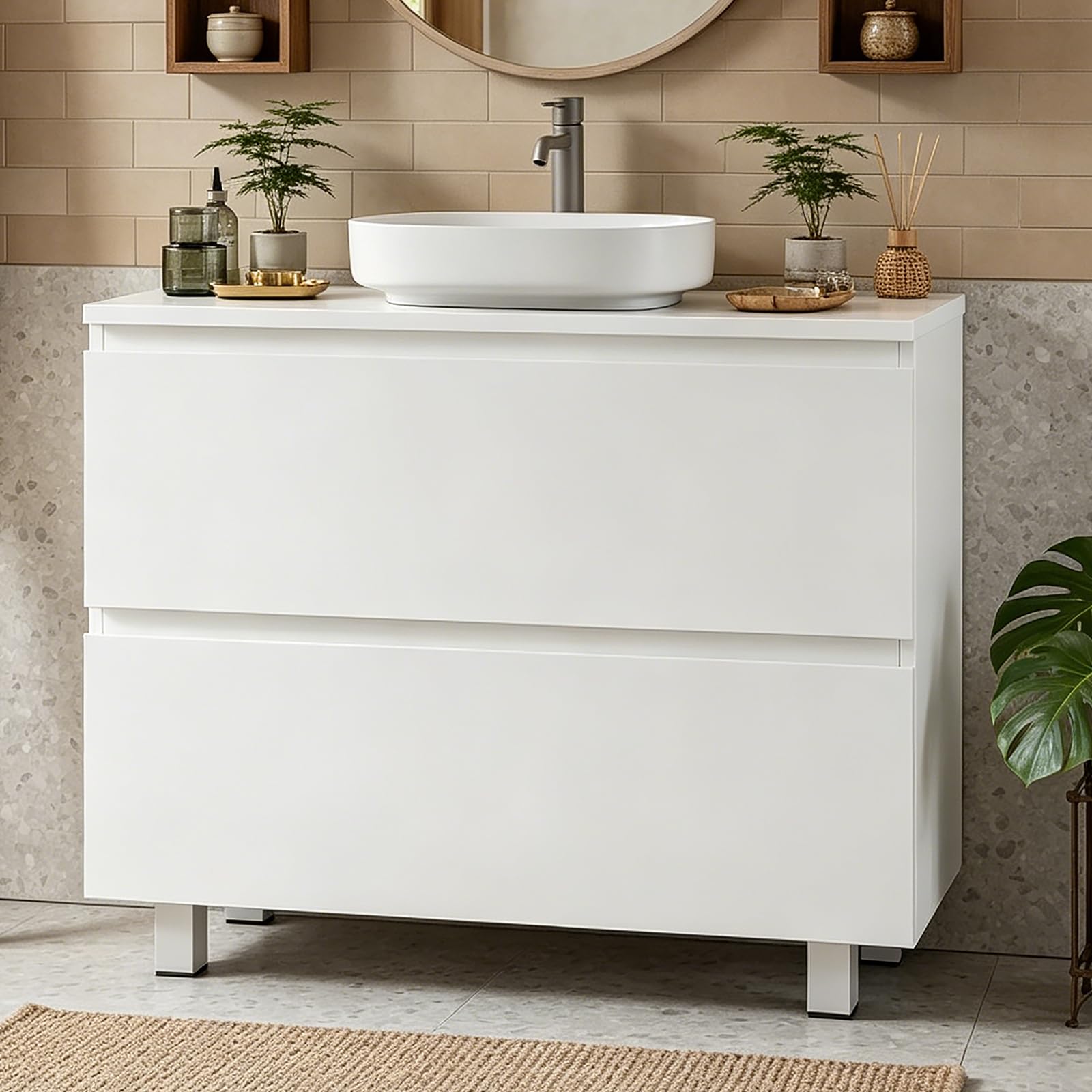 KIMENICH Waschbeckenunterschrank, Badezimmerschrank mit 2 Große Schubladen, Unterschrank Waschbecken mit Füßen, Viel Stauraum, 80 x 30 x 56 cm, Weiß