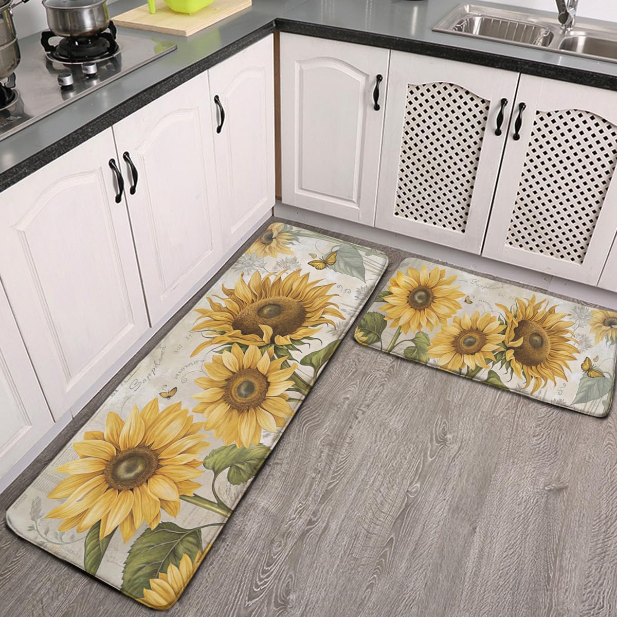 2 Piece Sunflower Kitchen Decor Rugs Set, Farmhouse Country Kitchen Carpets and Mats Non Skid Washable Absorbent Mats for Floor Rug Decoration 17"x 47"+17"x 24"