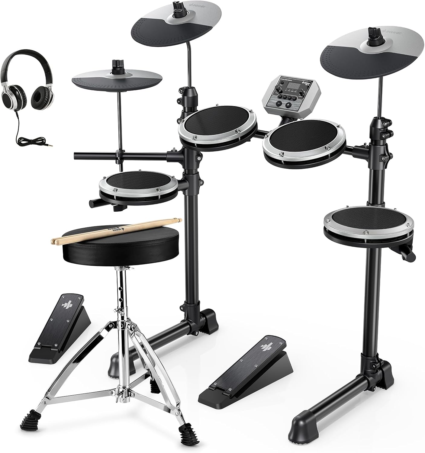 Donner Adults Beginners Electronic Drum Set with 180+ Sounds, Mesh Pad Drums Kit, DED-80, Gray