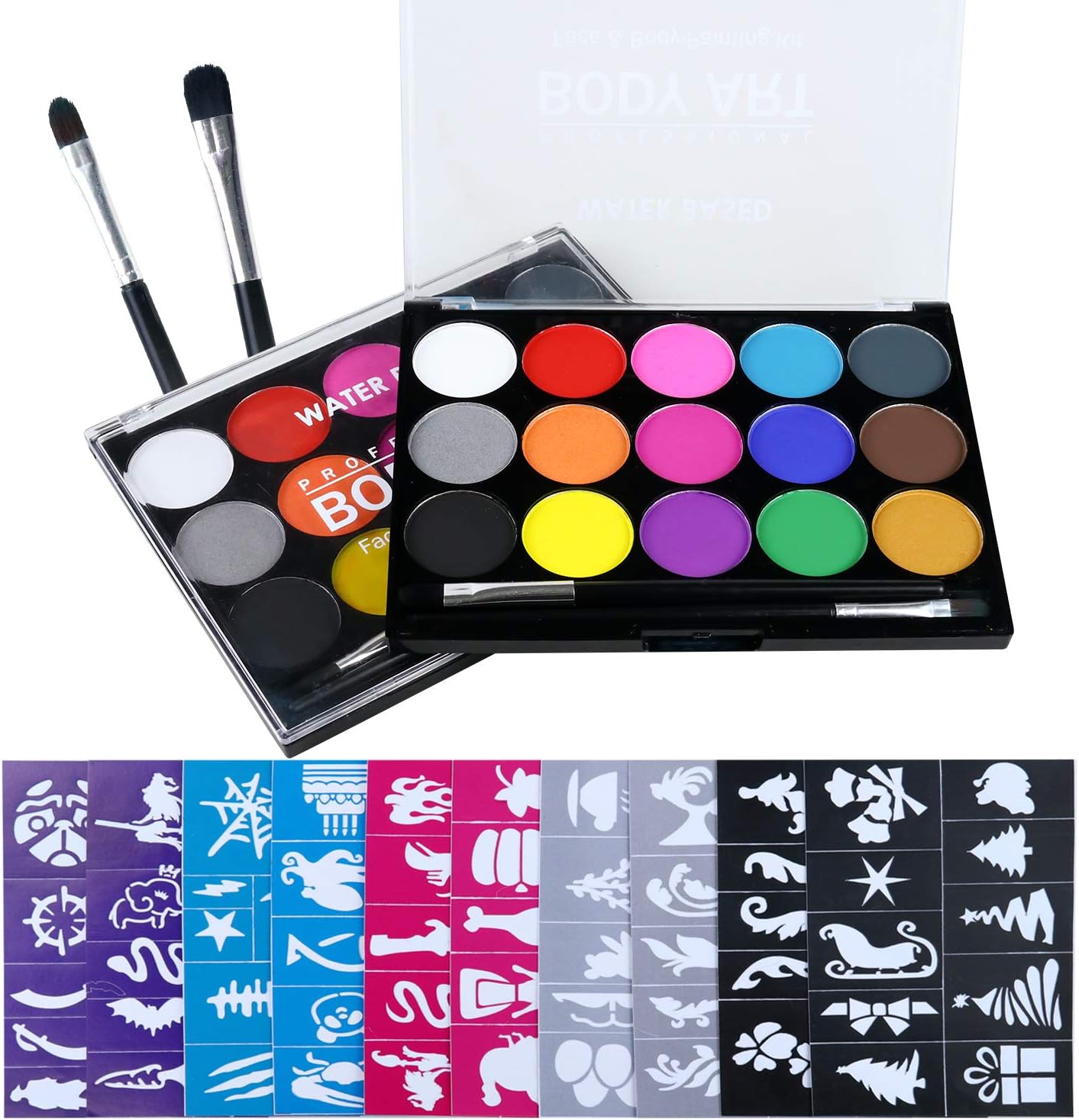 Face Paint Kit for Kids – 100 Stencils, 30 Large Washable Paints, 4 Brushes, Safe Kids Facepainting for Sensitive Skin, Professional Facepaints - Halloween Makeup Kit Body Paint Supplies