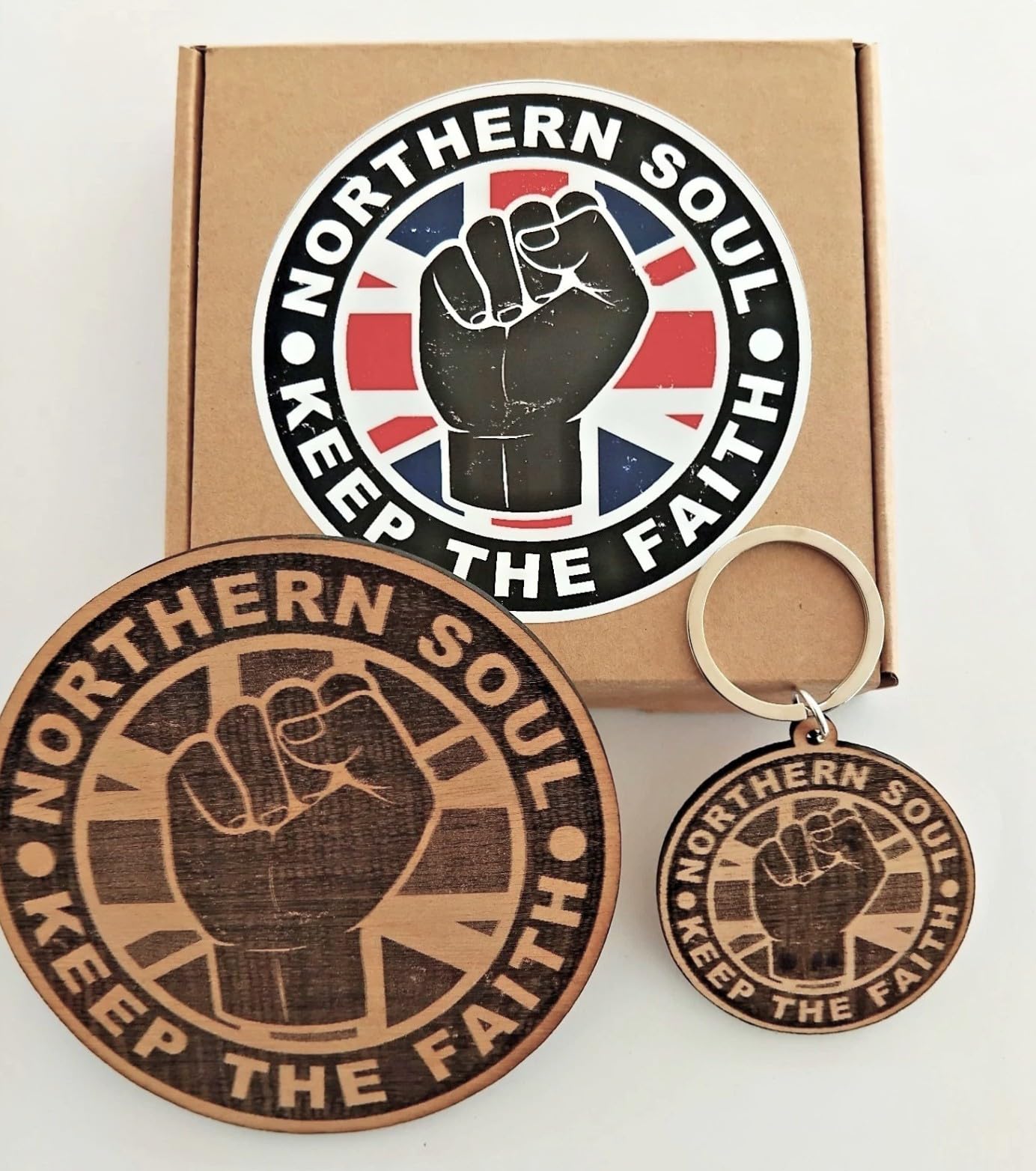 Northern Soul Gift - Keep The Faith Keyring & Drinks Coaster Mat Gift Set