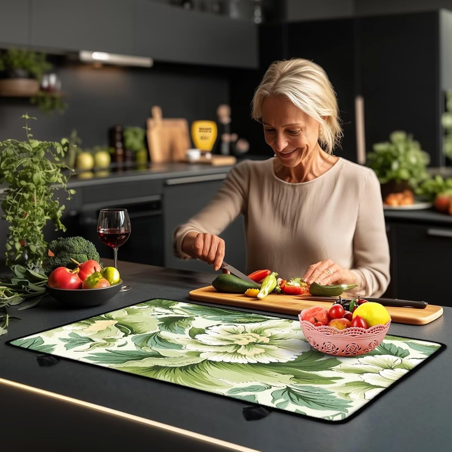 Glass Cooktop Protector, Green Jasmine Leaf Print Flat Top Stove Cover, Insulated, Waterproof, Anti-Slip, Scratch-Resistant and Easy to Clean Range Covers for Electric Stove (29"x21")