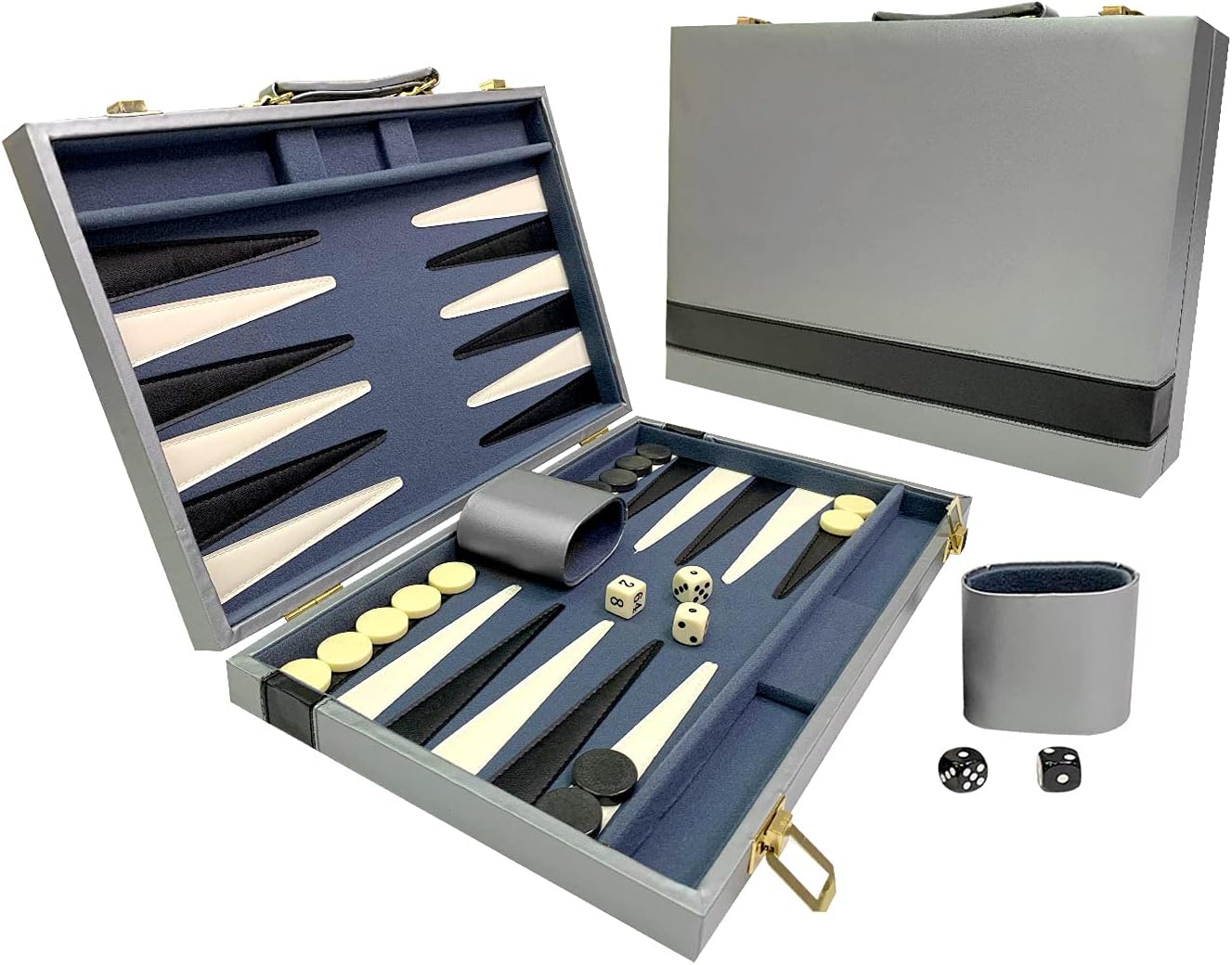 Sun Flair Backgammon Sets for Adults Kids 15 Inch, Folding Classic Board Game with Premium Leatherette Case, Smart Tactics, Best Strategy, Tip Guide Enclosed, Gray and Black 136M-5