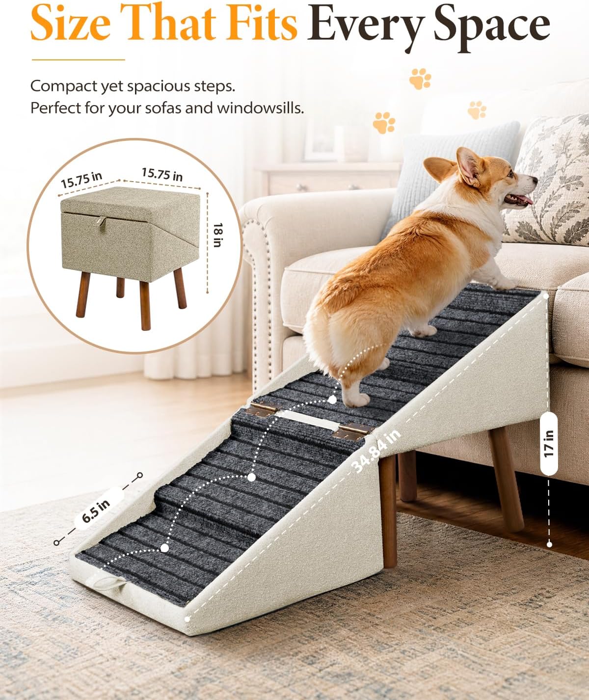 17" H Pet Stairs, Ottoman Dog ramp for Couch, Foldable Dog Steps(Alabaster) thumbnail