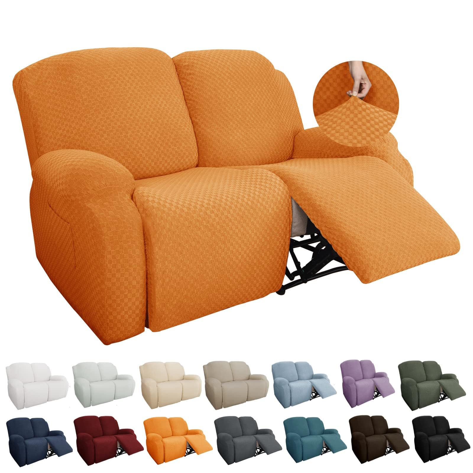 YEMYHOM 6 Pieces Stretch Loveseat Recliner Slipcover Jacquard Recliner Sofa Cover with Side Pocket Fitted Recliner Cover Couch Furniture Protector with Elastic Bottom (Loveseat Recliner, Orange)