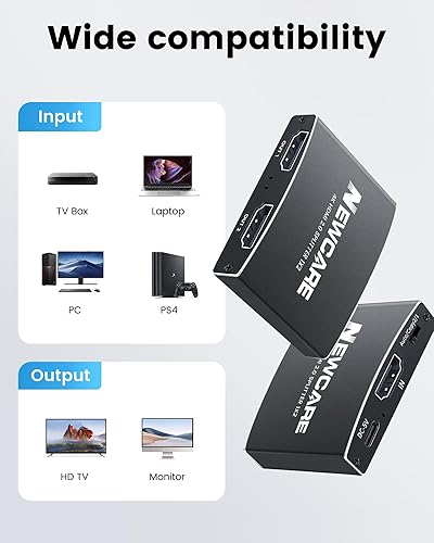 Miniatura 2 de NEWCARE Divisor HDMI de 1 entrada y 2 salidas, divisor HDMI de 4K a 60 Hz para monitores duales con cable de alta velocidad de 3.9 pies, interruptor
