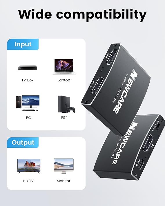 NEWCARE 1 in 2 HDMI Splitter, 4K@60Hz for Dual Monitors - 3.9Ft High Speed Cable, 1 Source to 2 Displays (Black)
