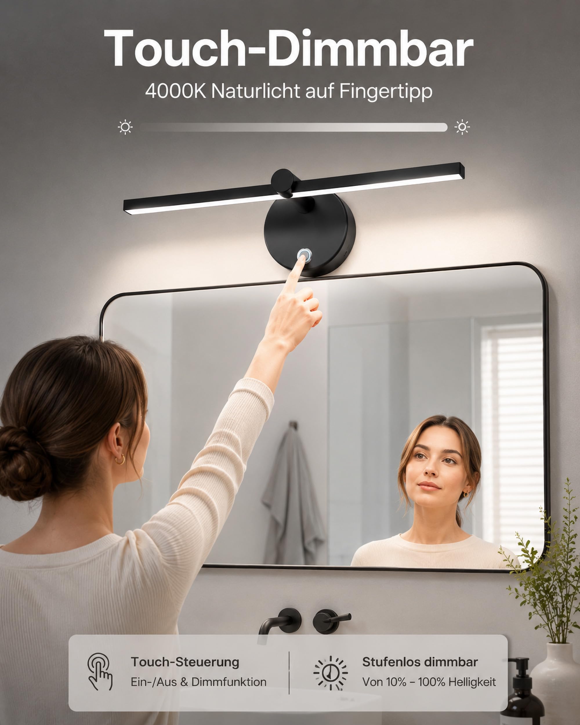 LANMOU Spiegelleuchte Bad mit Schalter, 41cm LED Spiegellampe Badezimmer Schwarz IP44, Touch Dimmbar, 5W 4000K Bilderlampe, 300° Drehbar Badlampe Spiegel