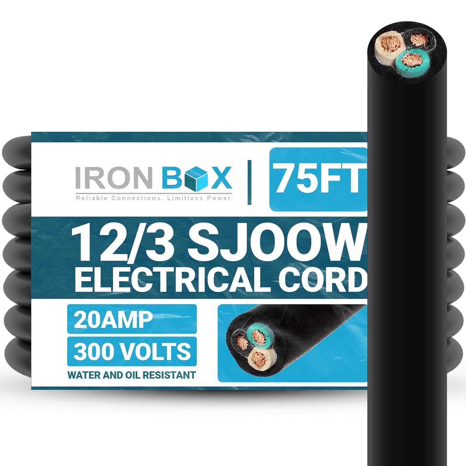 12/3 SJOOW Bulk Cable, 50 Foot Length - 3-Wire, Rated 20 Amp / 300V, Water and Oil Resistant