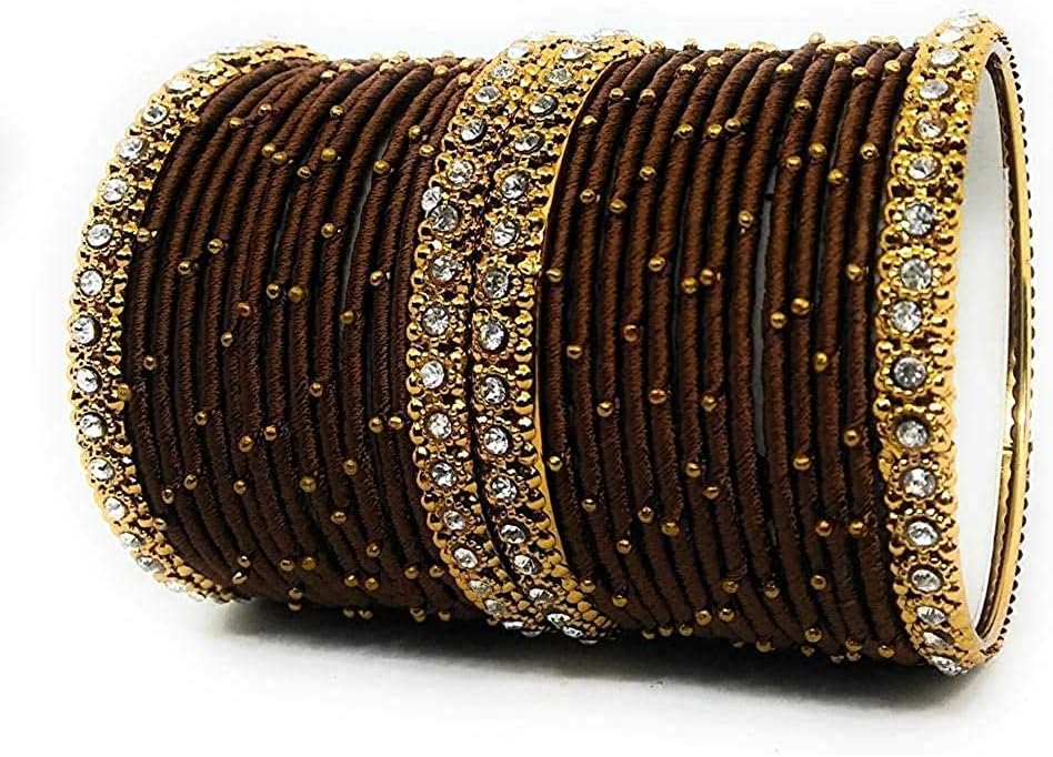 Oneness Handmade Silk Thread Metal Bangle Traditional Bridal Jwellery with Zircon Stone Work (Bridal Chuda/Wedding Chuda) for Women and Girls - (Set of 28)