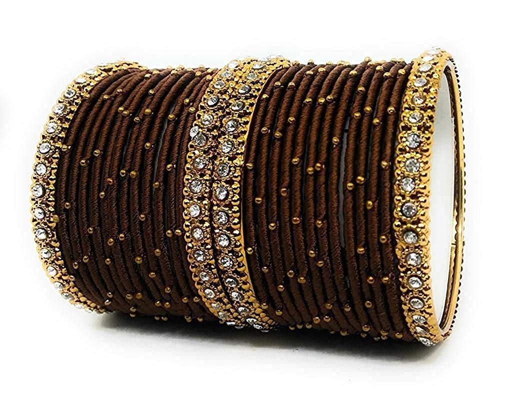 Oneness Handmade Silk Thread Metal Bangle Traditional Bridal Jwellery With Zircon Stone Work (Bridal Chuda/Wedding Chuda) For Women And Girls - (Set Of 28)_Dark Brown_2.10