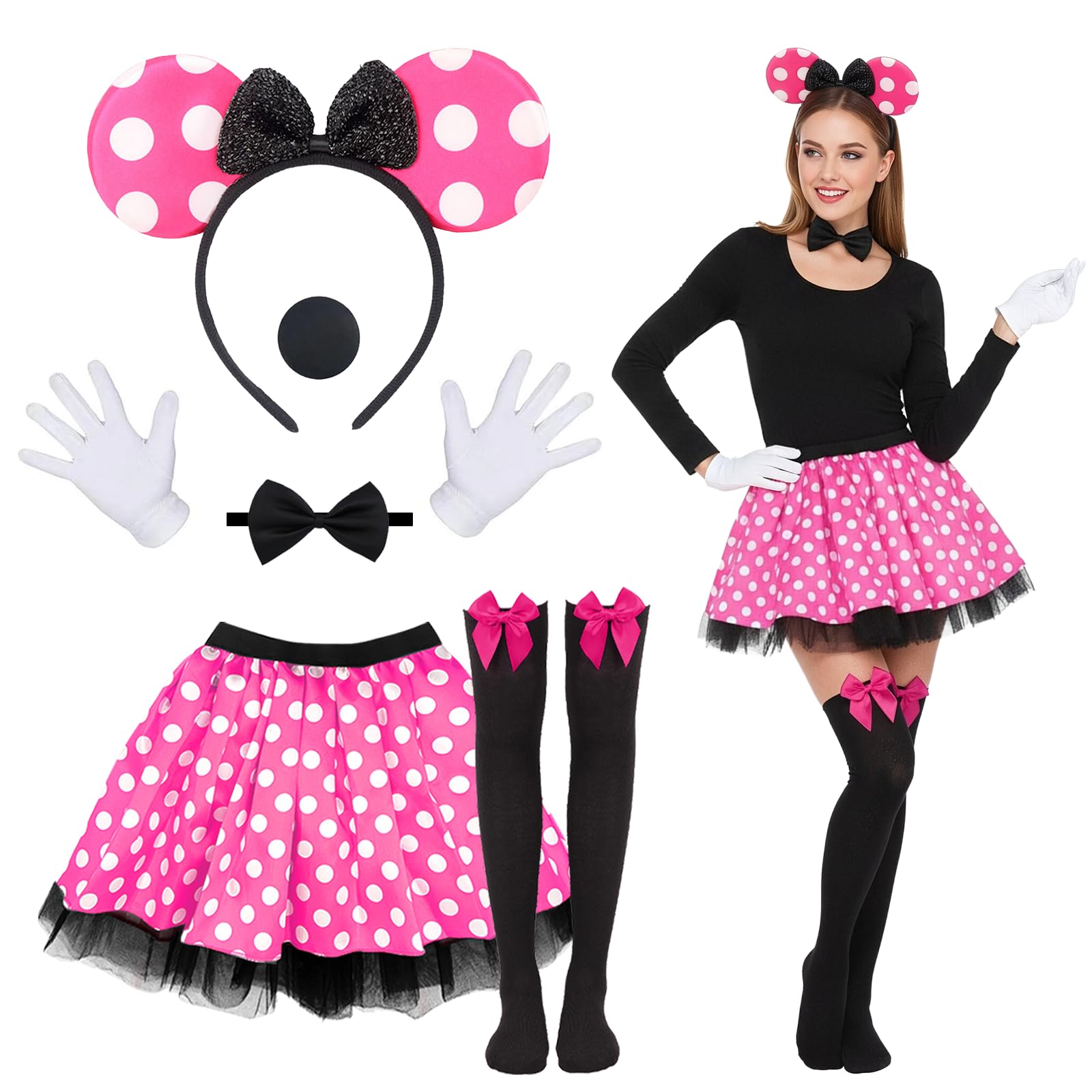 Xerteam Disfraz de ratón de 6 piezas para niñas y mujeres, bonito disfraz de miniMouse para adultos, diadema con orejas de ratón, falda tutú roja, nariz, pajarita, guantes y calcetines para cosplay