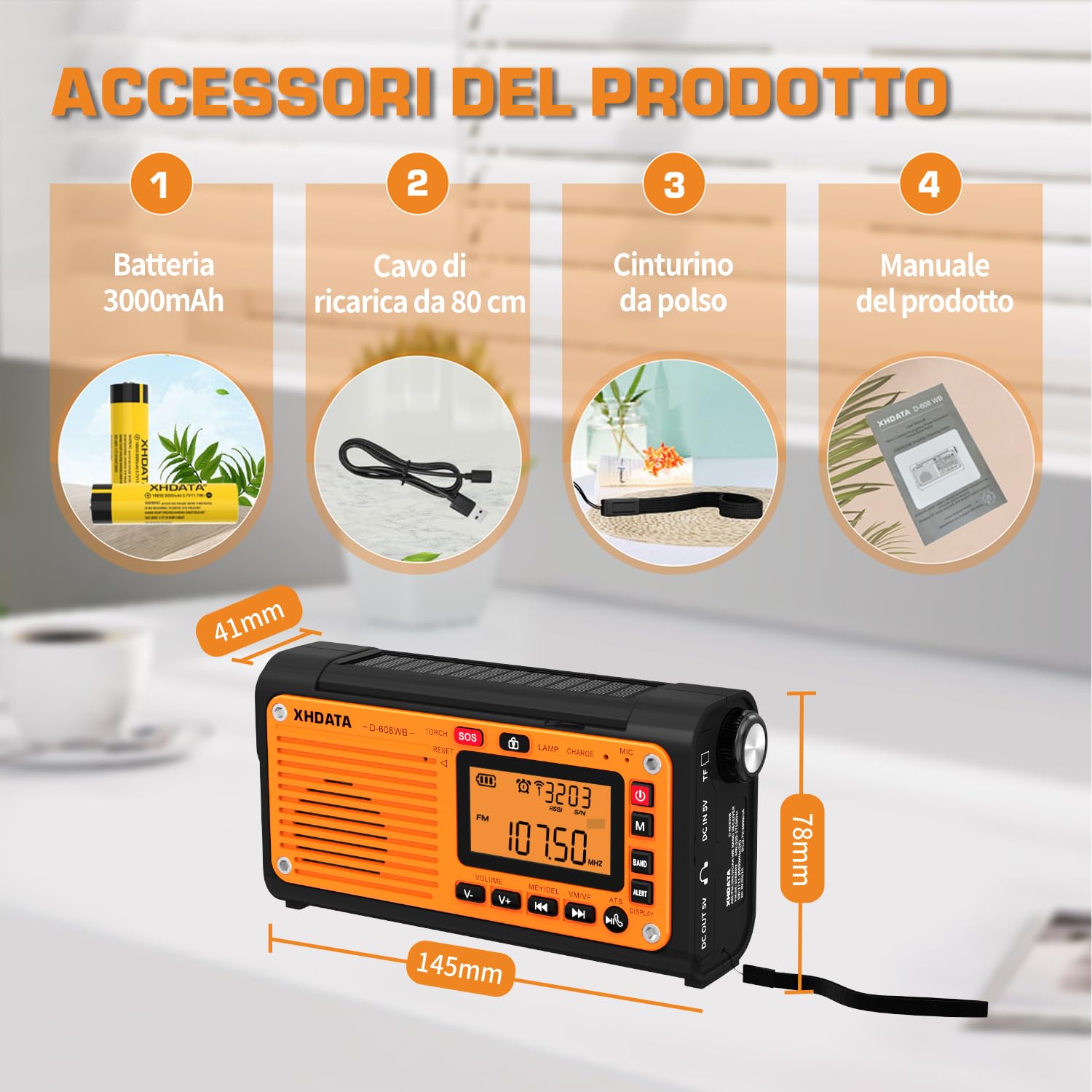 XHDATA D-608WB Radio FM/Am/SW a Onde Corte, Manovella Solare, Batteria Ricaricabile di Emergenza, Radio Sveglia SOS, Lettore MP3 Bluetooth, Torcia Elettrica, Lampada da Lettura per il Campeggio