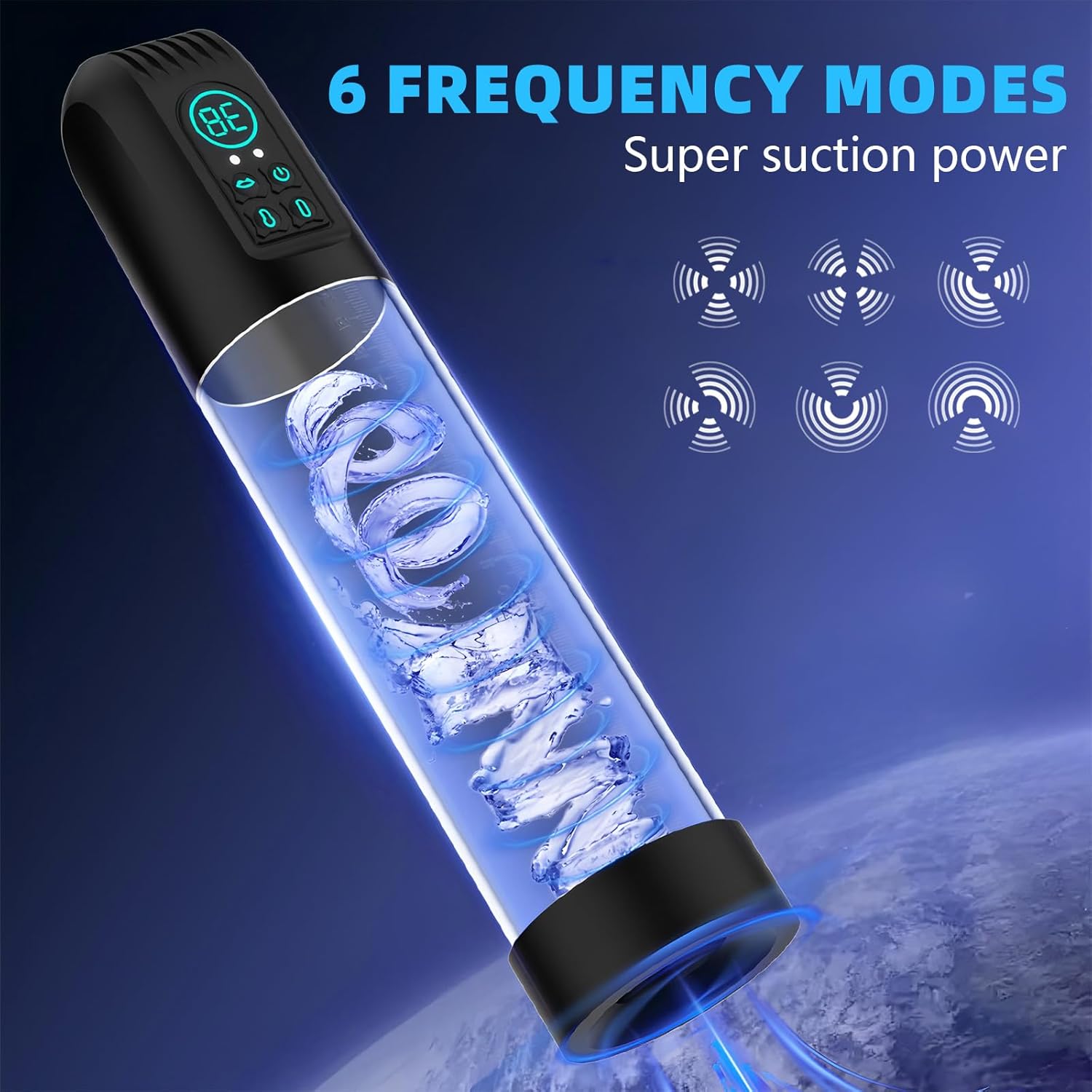 Device display showing 6 frequency mode icons, indicating super suction power.