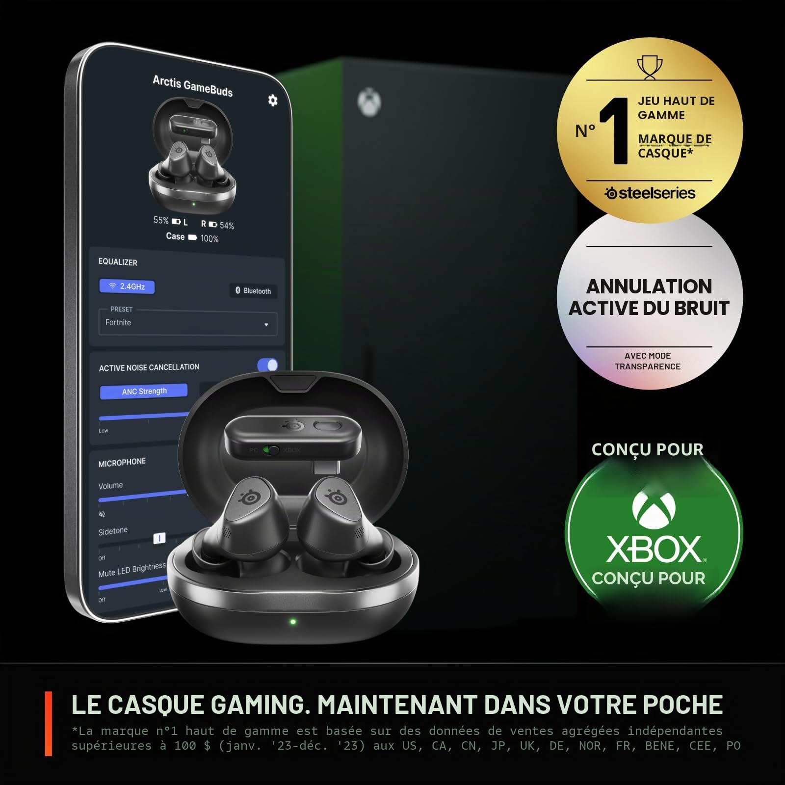 SteelSeries Arctis GameBuds pour Xbox – Écouteurs de jeu sans fil – 2,4 GHz + BT 5.3 – ANC/Transparence – Étanchéité IP55 – Xbox, PC, Switch 2, PS5, mobile – Noir (Reconditionné)