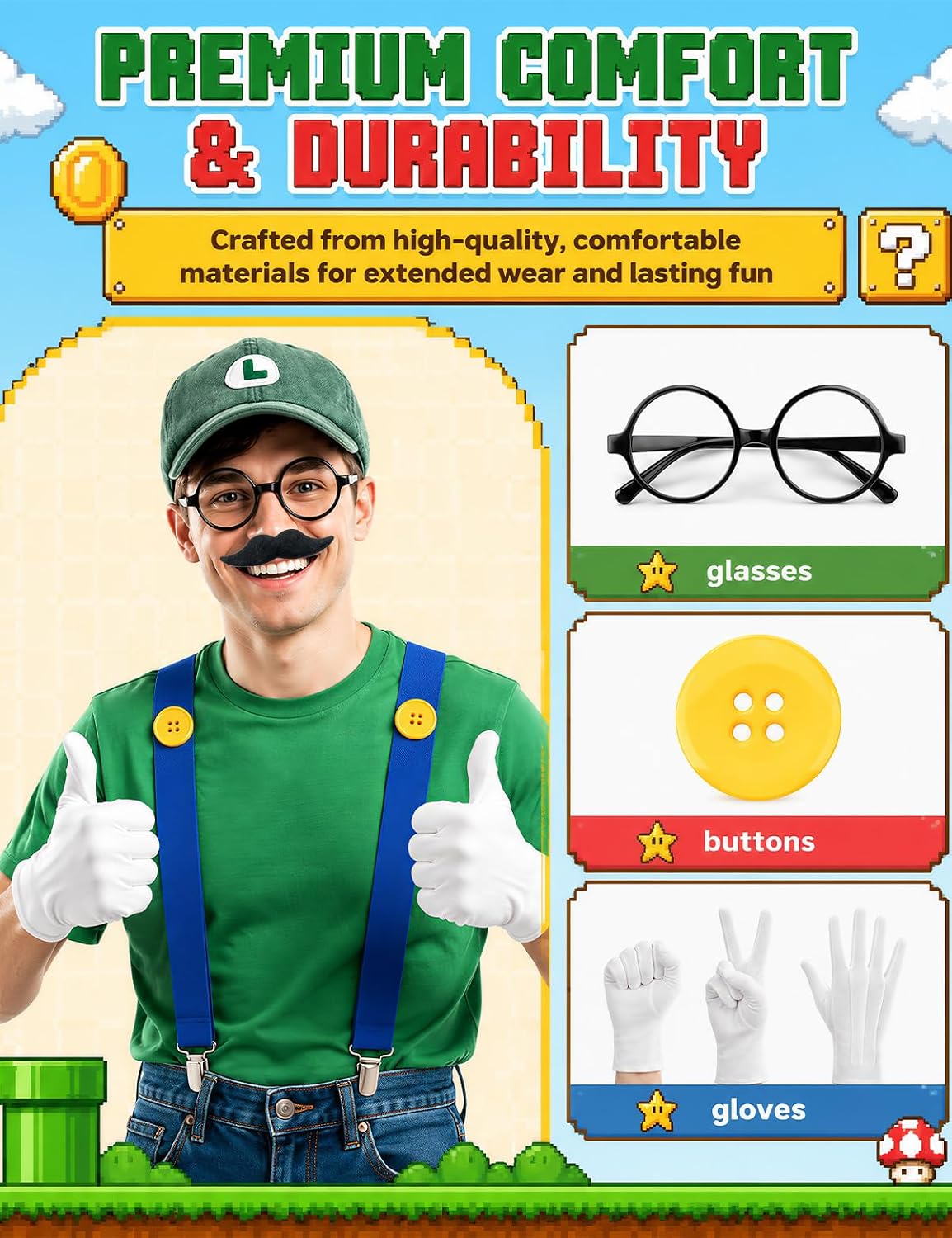 27 PCS Super Bros Costume Set - with Hat, Mustache, Suspenders, Gloves, Buttons and Glasses Frame for Halloween, Instant Dress Up, Cosplay & Christmas