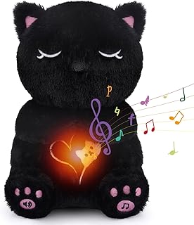 Breathing Cat Plush, Soothe Black Cat Stuffed Animals for Kids，Cute Plushies with Realistic Breathing and Lights Music, Birthdays Gift (3-Levels Mode & Volume)