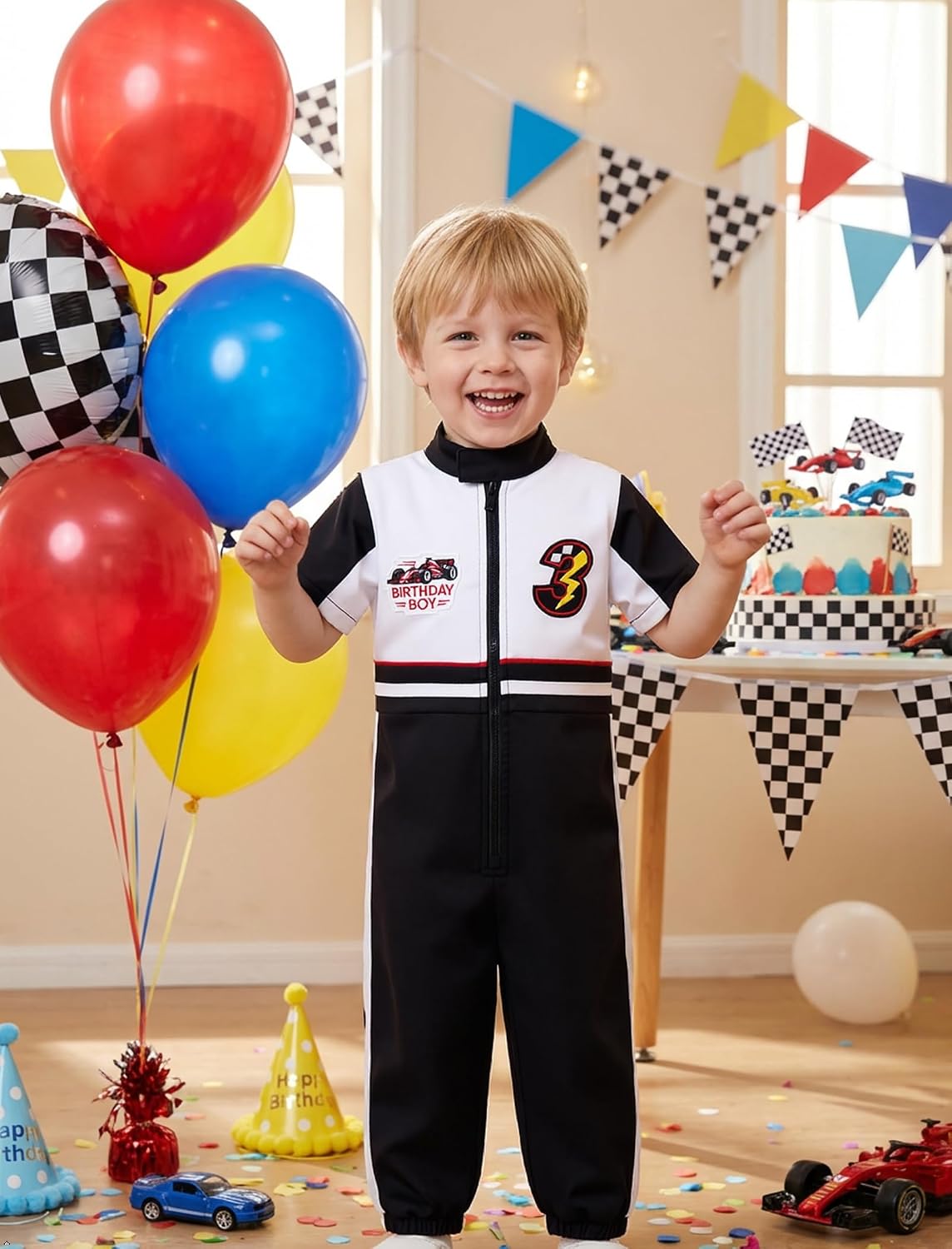 IWEMEK Toddler Boy Race Car Driver Jumpsuit 1st 2nd 3rd Birthday Cake Smash Outfit Kids Racing Suit One Piece Racer Romper