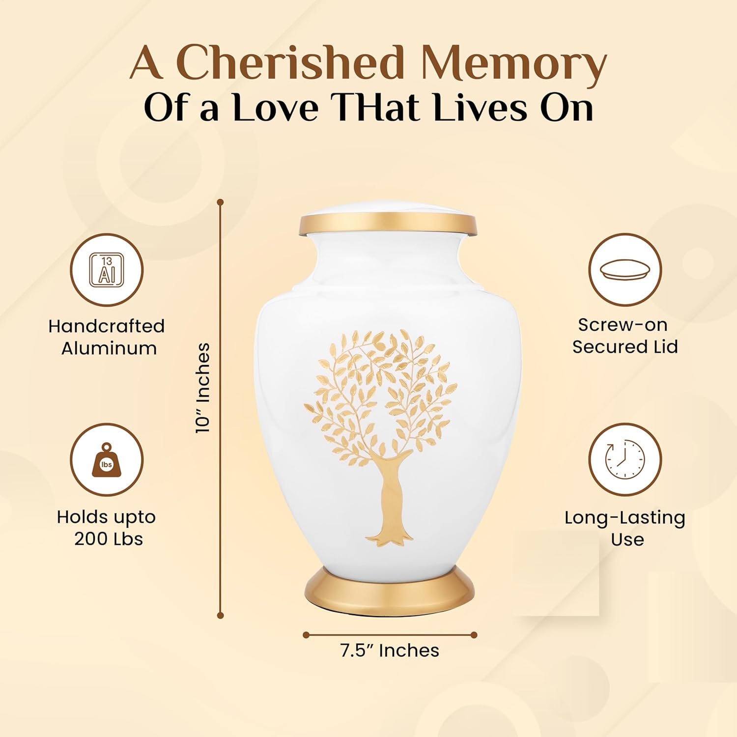 ALPHA Living HOME Urns for Human Ashes Adult Female and Male 200+ Cubic Inches, Decorative Burial Urn, Funeral Cremation Urns for Women and Men, Handcrafted Urn for Ashes Adult, 11" Gold White - Image 3