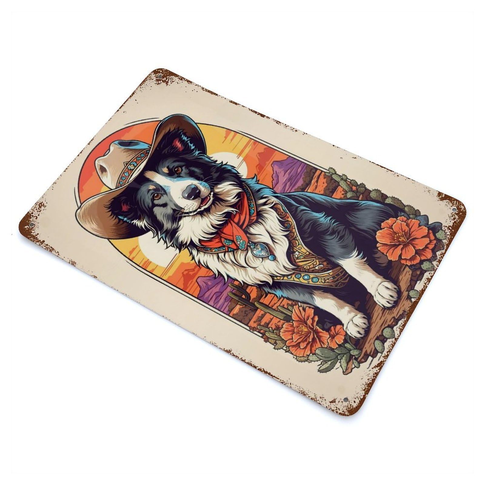 Distressed Metal Wall Sign Border Collie Cowboy 11.8"x7.9", Vintage Wall Decor for Garage, Bar And Workshop Decor