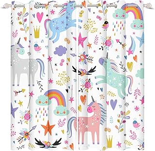 Renaiss Unicorn Blackout Curtains 53 x 63 inch 2 Panels Set Cute Cartoon Rainbow Colorful Unicorns Window Curtains for Girls Kids Bedroom Fairy Forest Drop Drapes for Living Room
