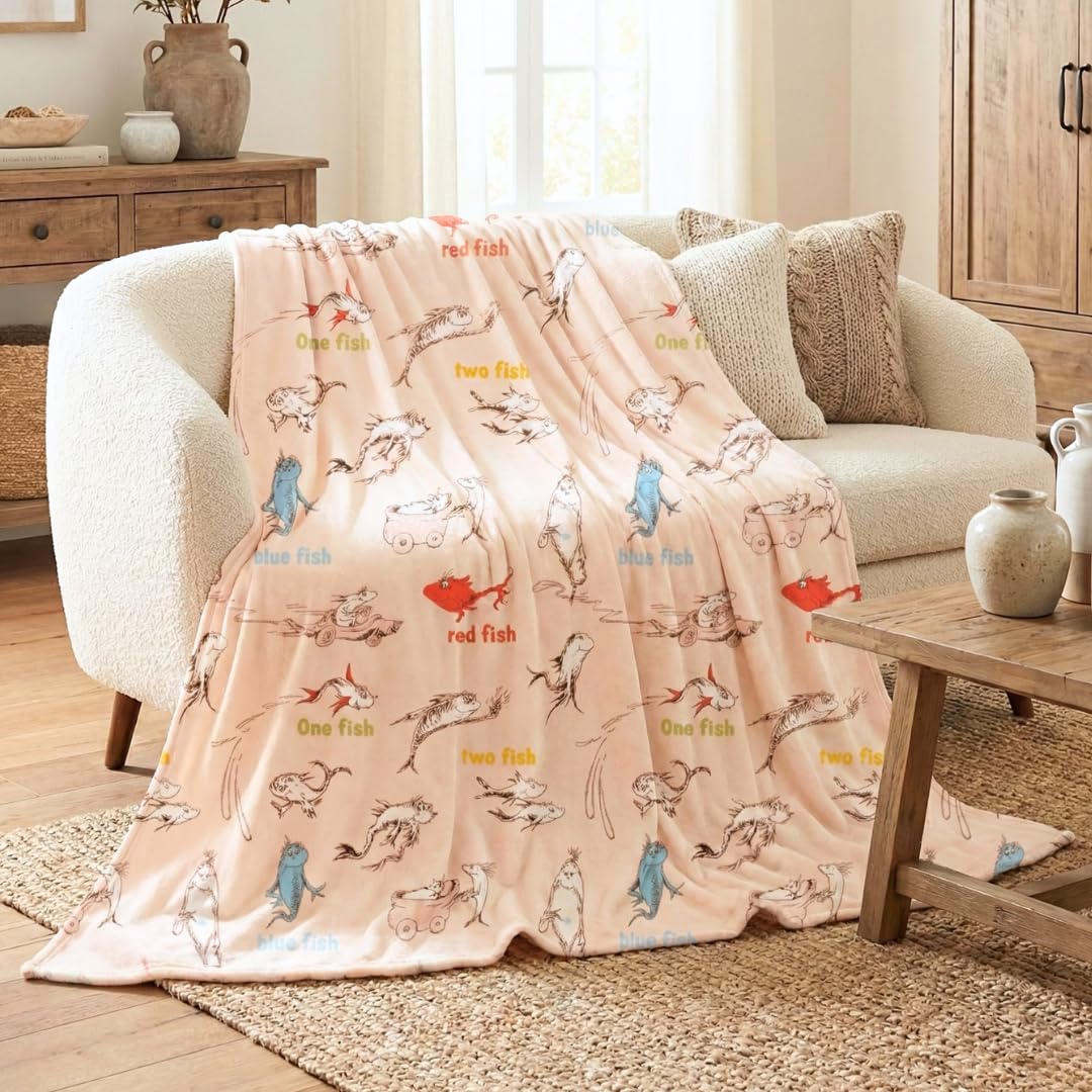One Fish Two Fish Red Fish Blue Fish by Dr. Seuss Book Throw, Kids Super Soft Plush Cozy Throw Blanket, 60 in x 70 in, (Officially Licensed Product) by Franco